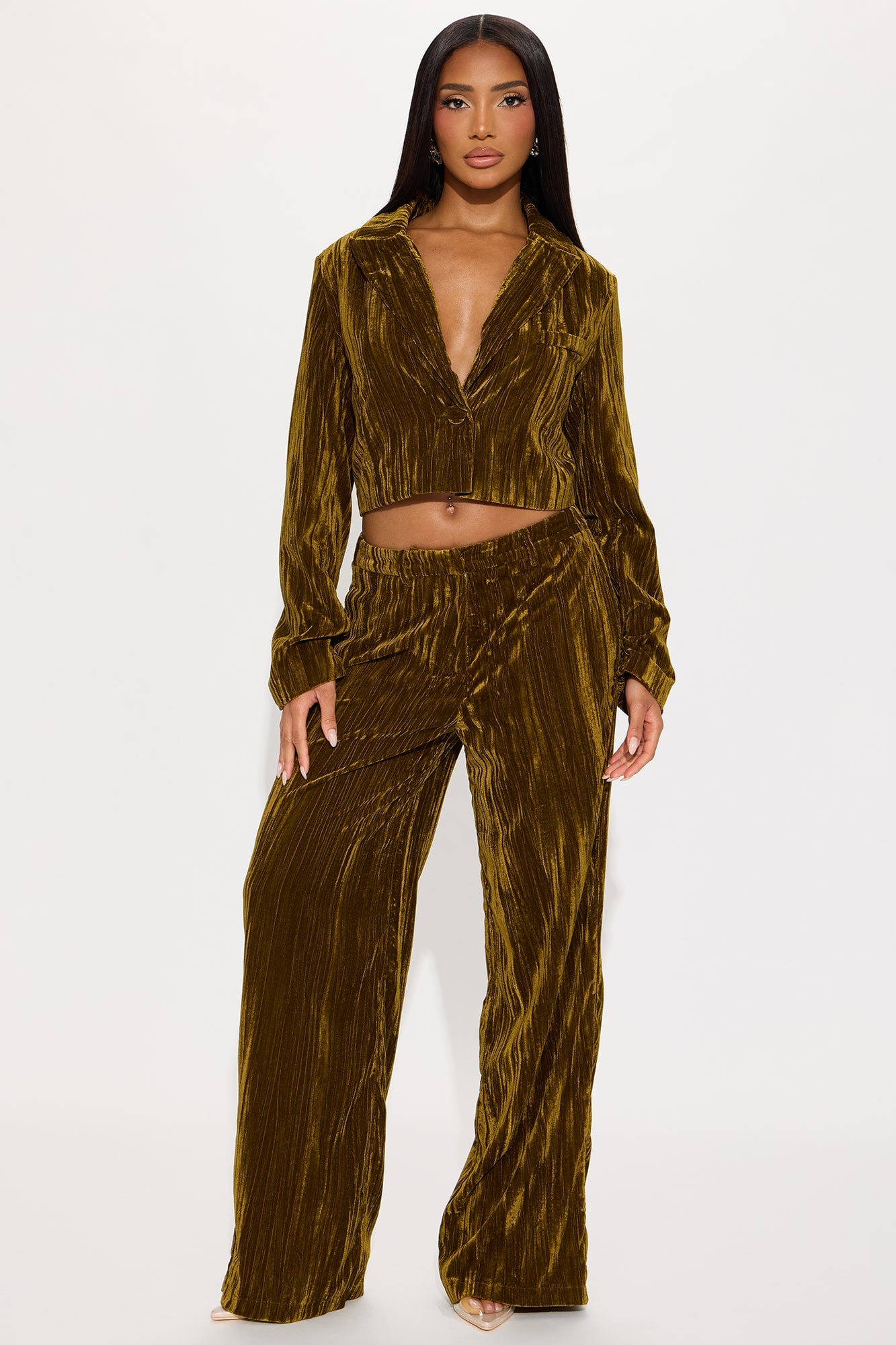 Keep You Wondering Velvet Wide Leg Pant 32 - Olive image 1