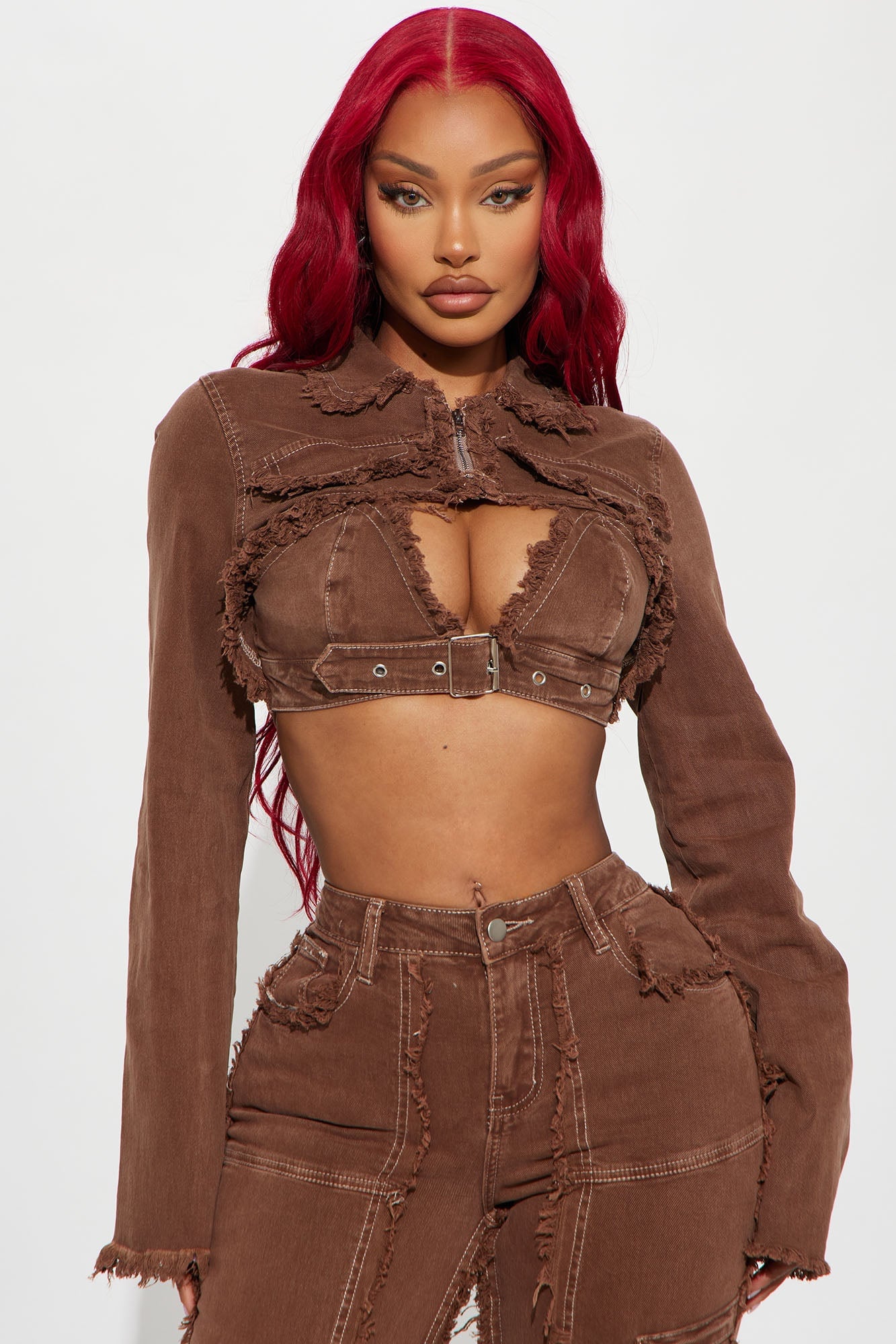On Replay Frayed Denim Bolero Jacket - Brown image 6