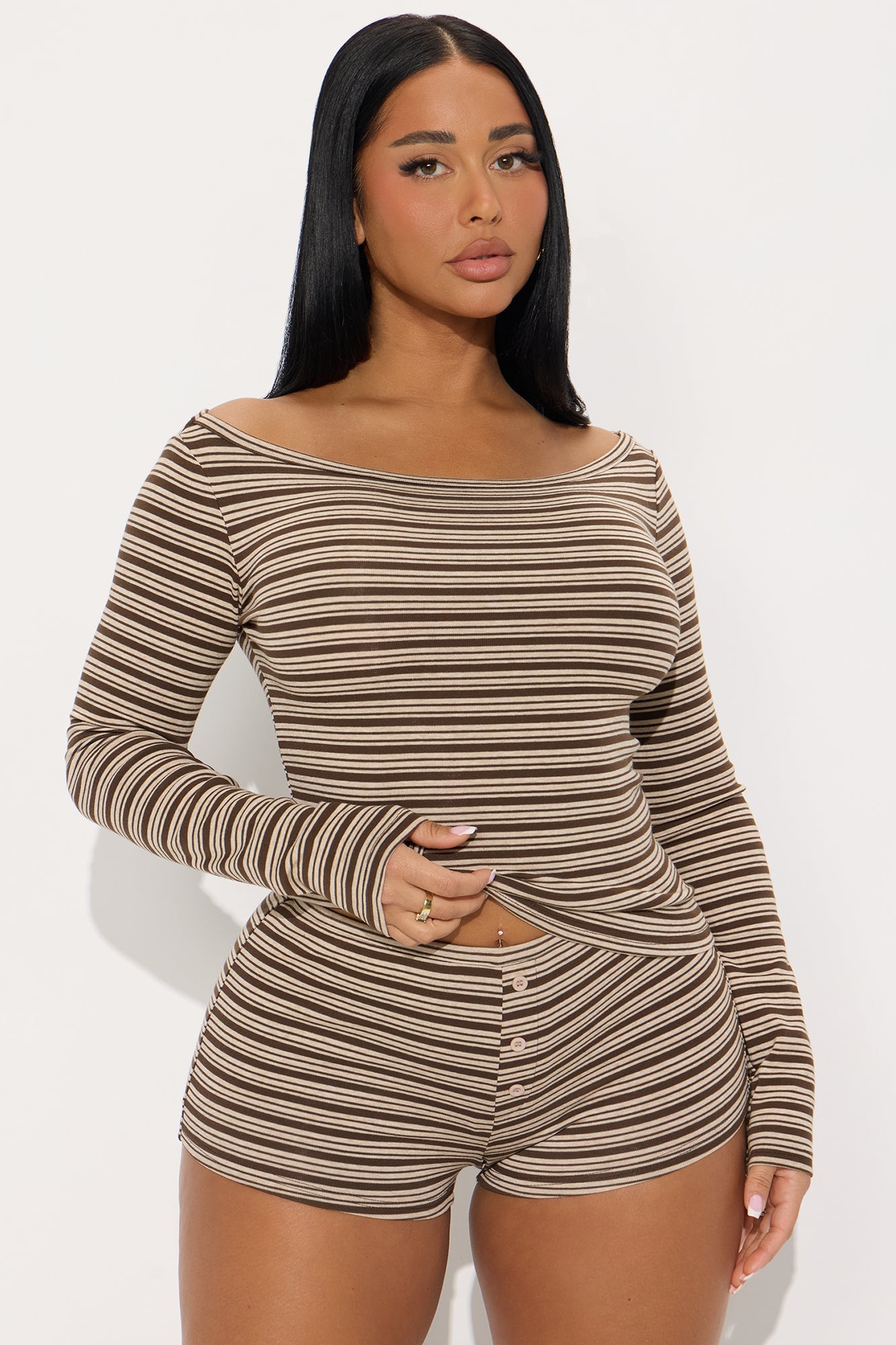 Finley Striped Long Sleeve Short Set - Brown image 1