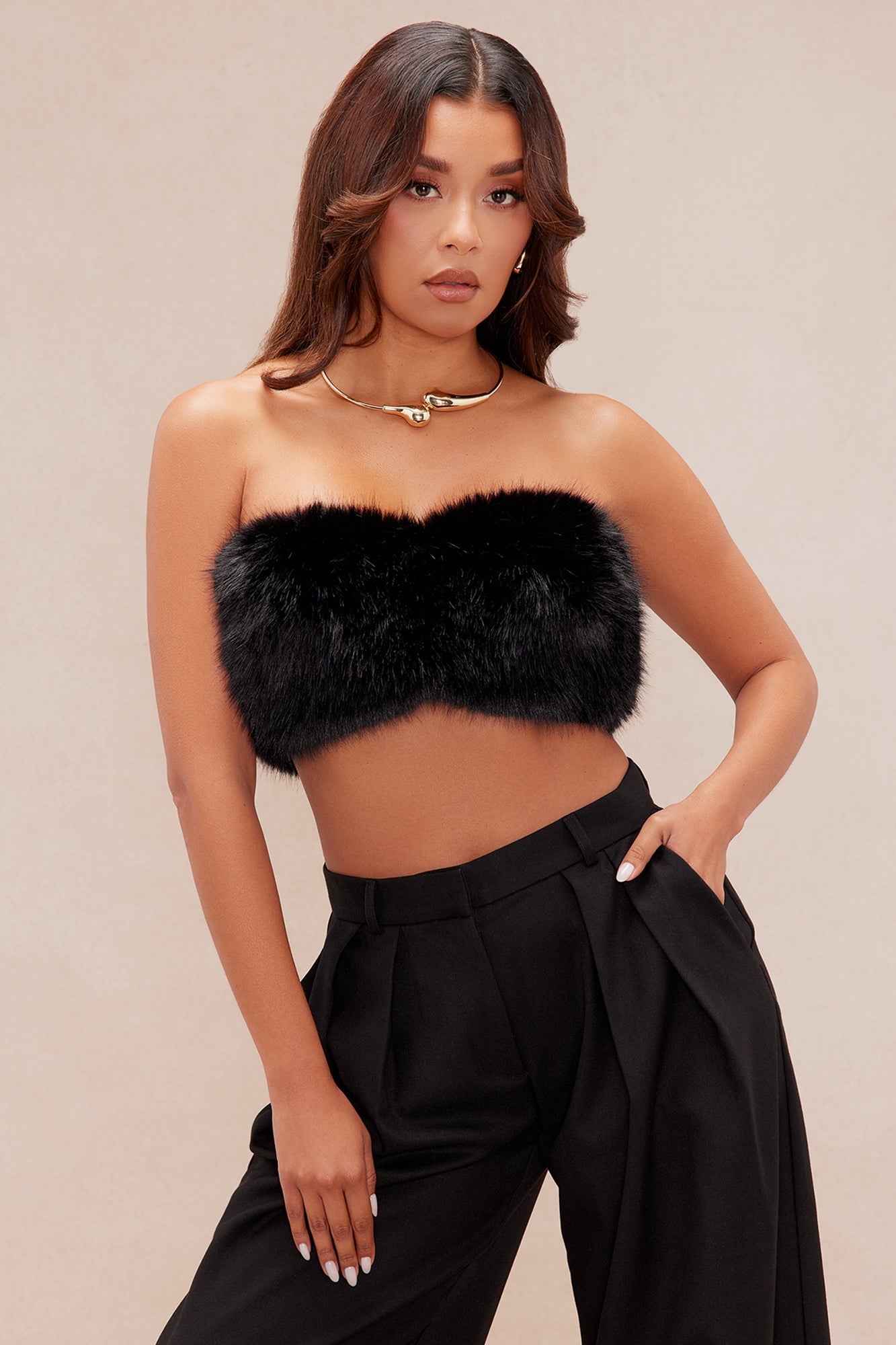 Kristie Faux Fur Tube Top - Black image 2