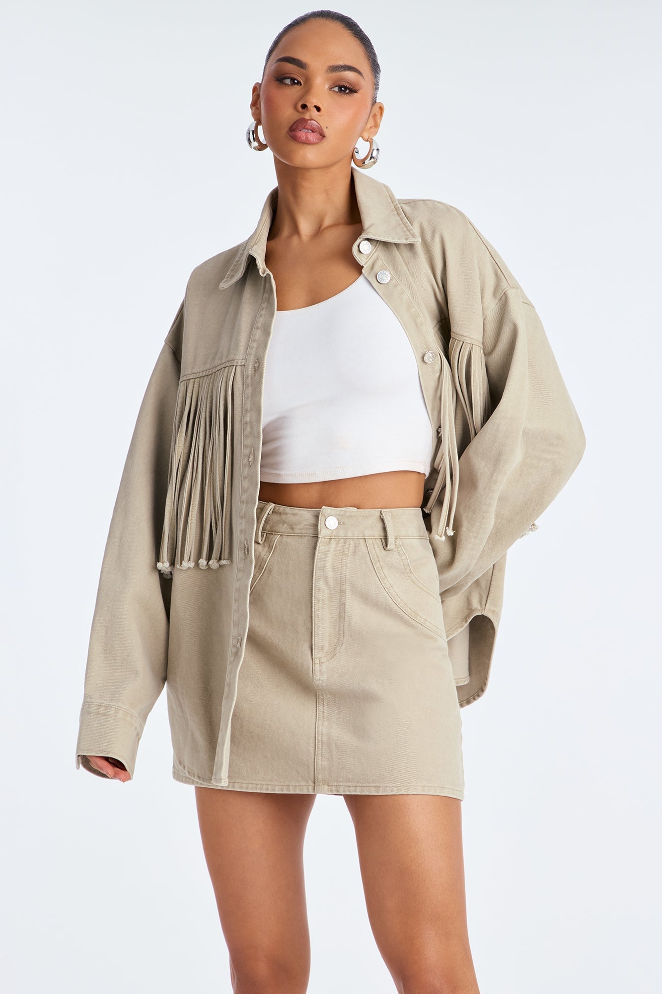 Off The Grid Twill Fringe Jacket Skirt Set - Taupe image 2