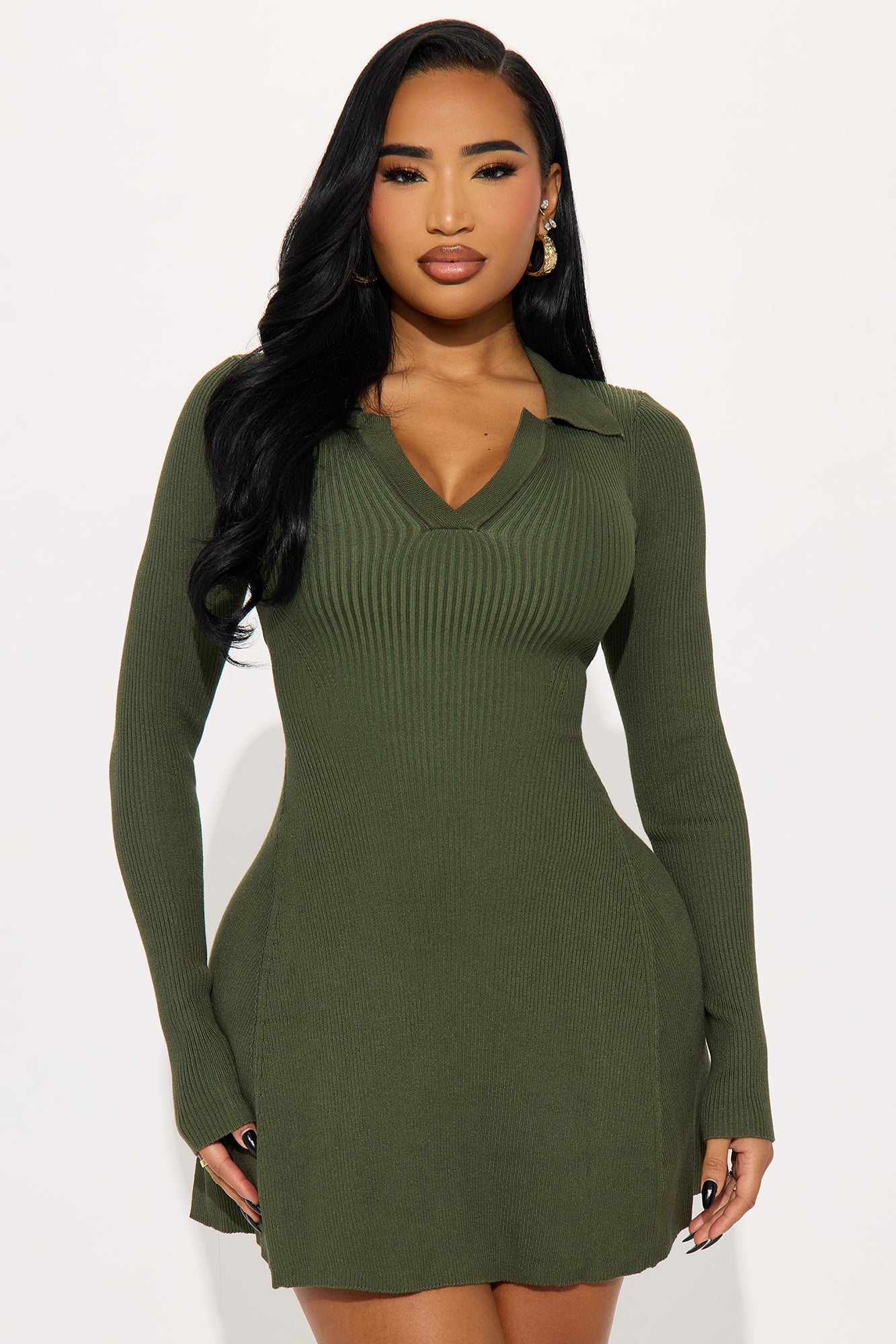 Soft Season Long Sleeve Sweater Mini Dress - Olive image 5