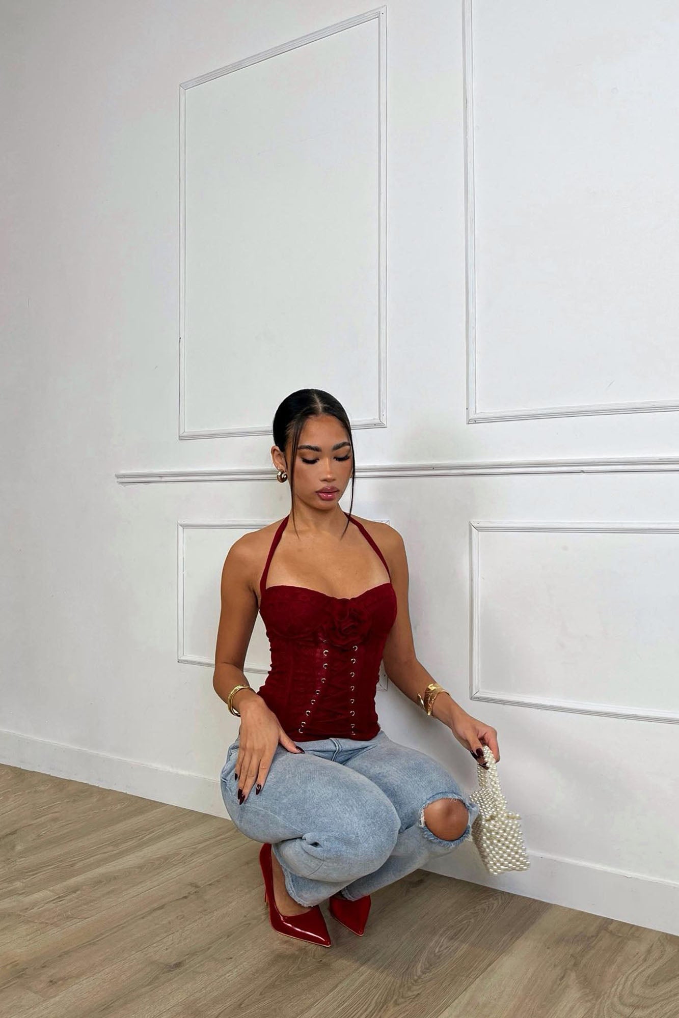 Angelina Lace Up Corset Top - Red image 8