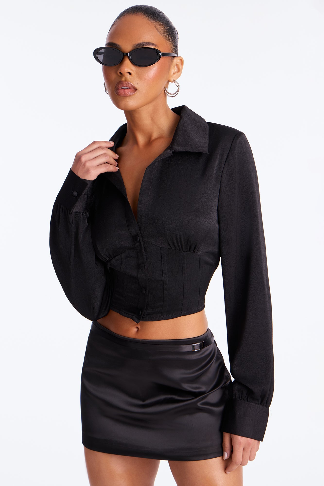 Only Exception Lace Up Satin Shirt - Black image 6