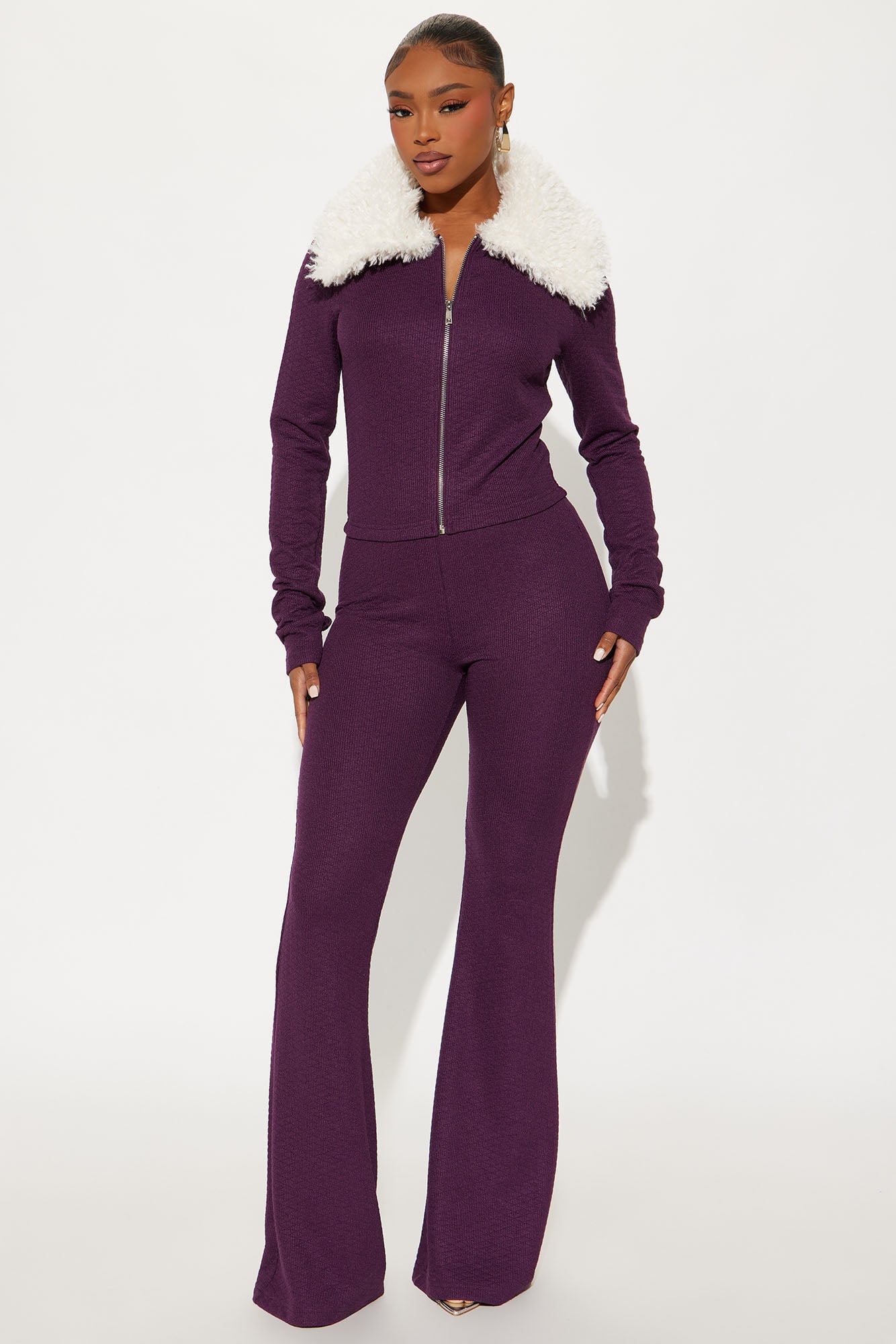 Daphne Faux Fur Trim Pant Set - Plum image 4