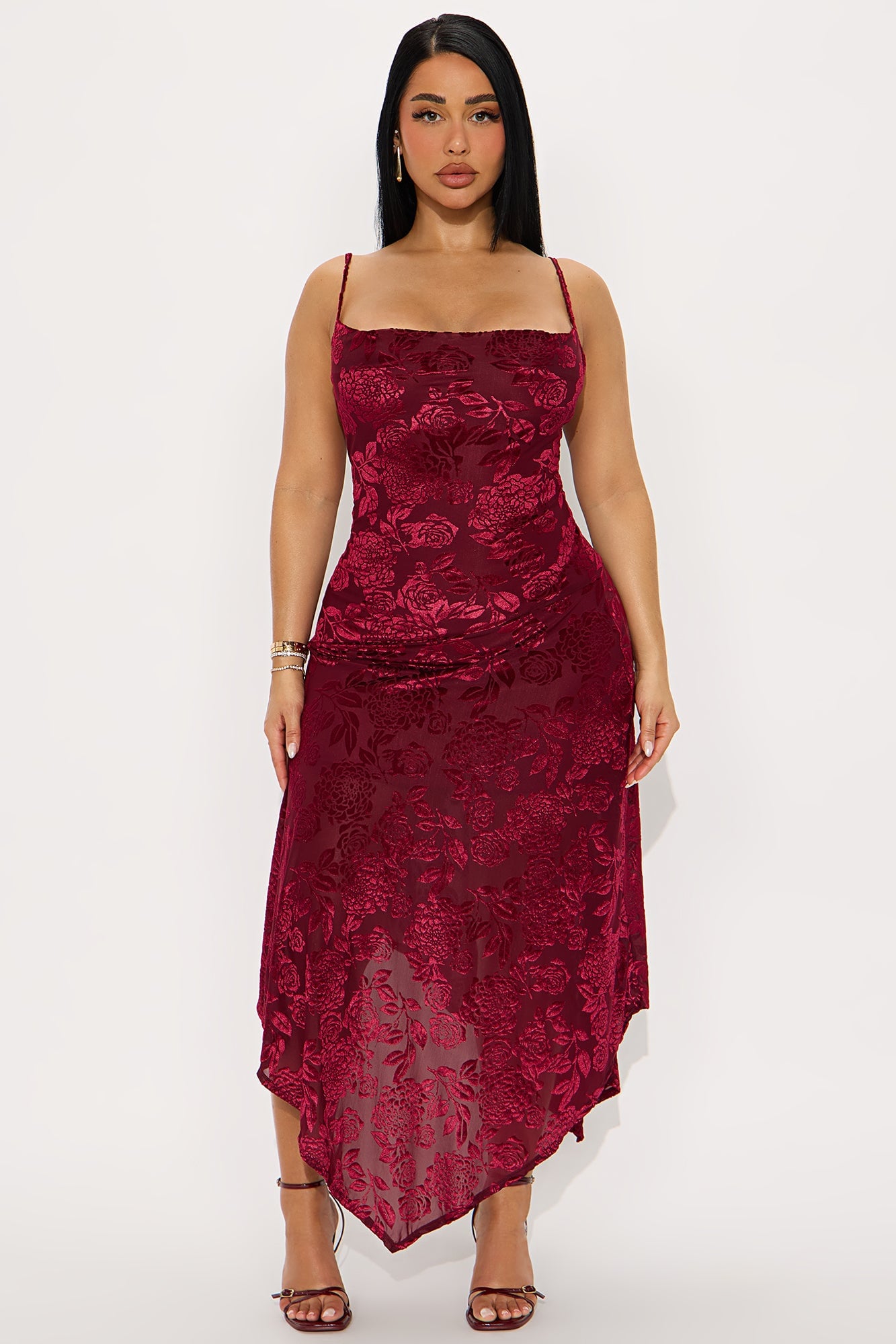 Noemi Asymmetrical Flocked Mesh Midi Dress - Wine image 4