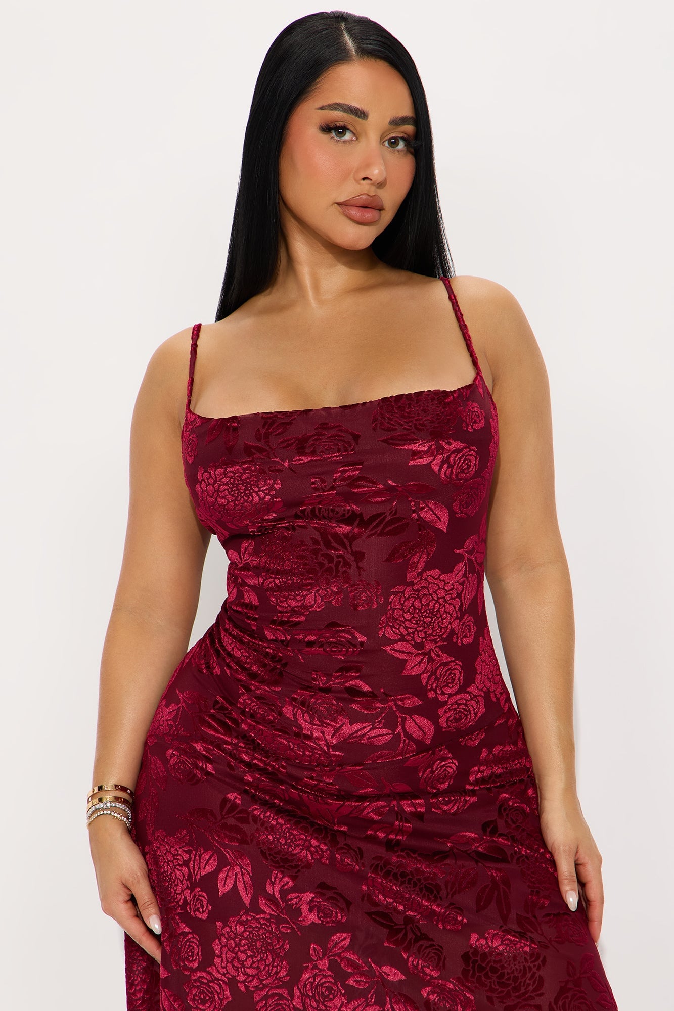Noemi Asymmetrical Flocked Mesh Midi Dress - Wine image 5