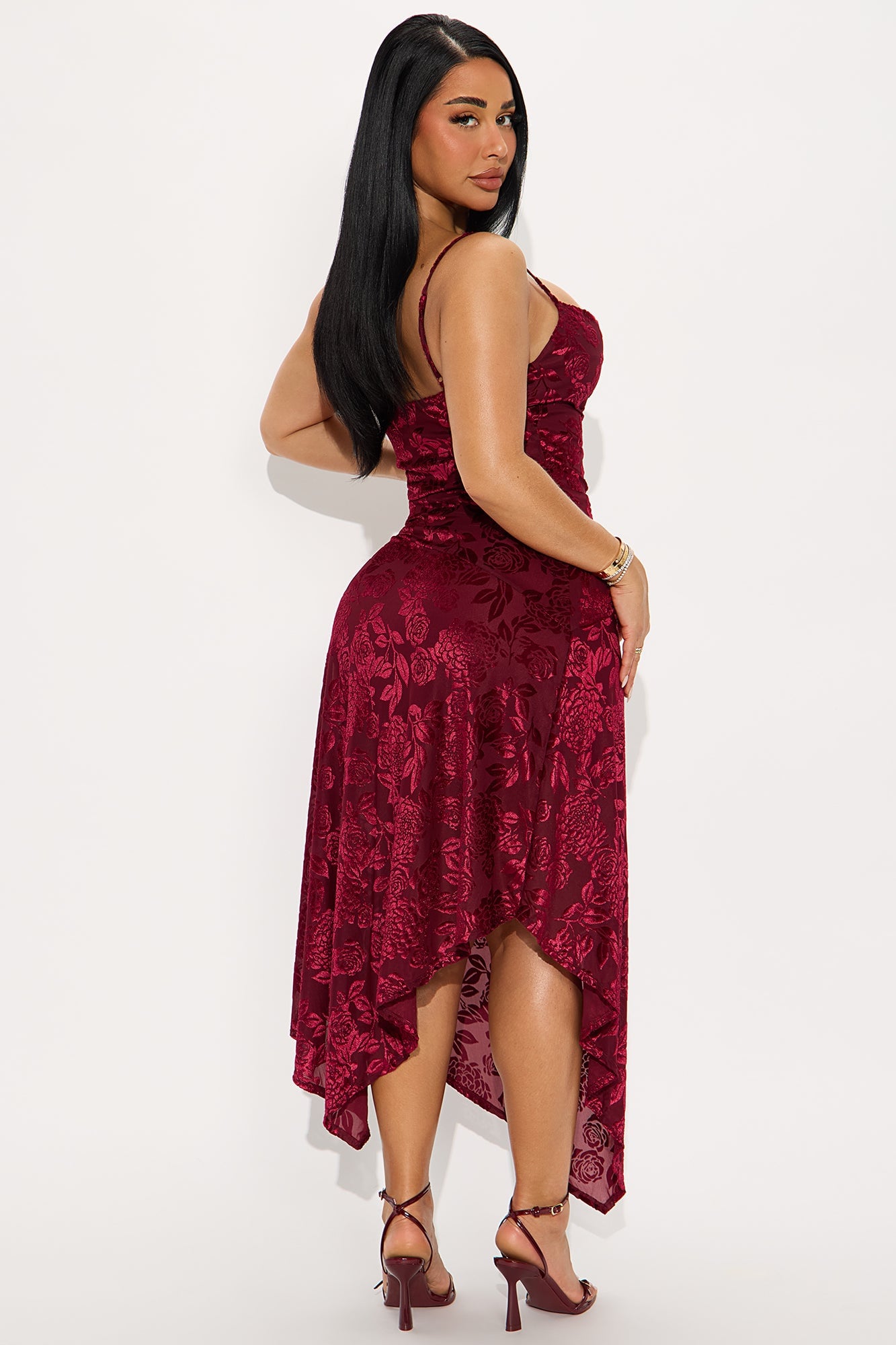 Noemi Asymmetrical Flocked Mesh Midi Dress - Wine image 6