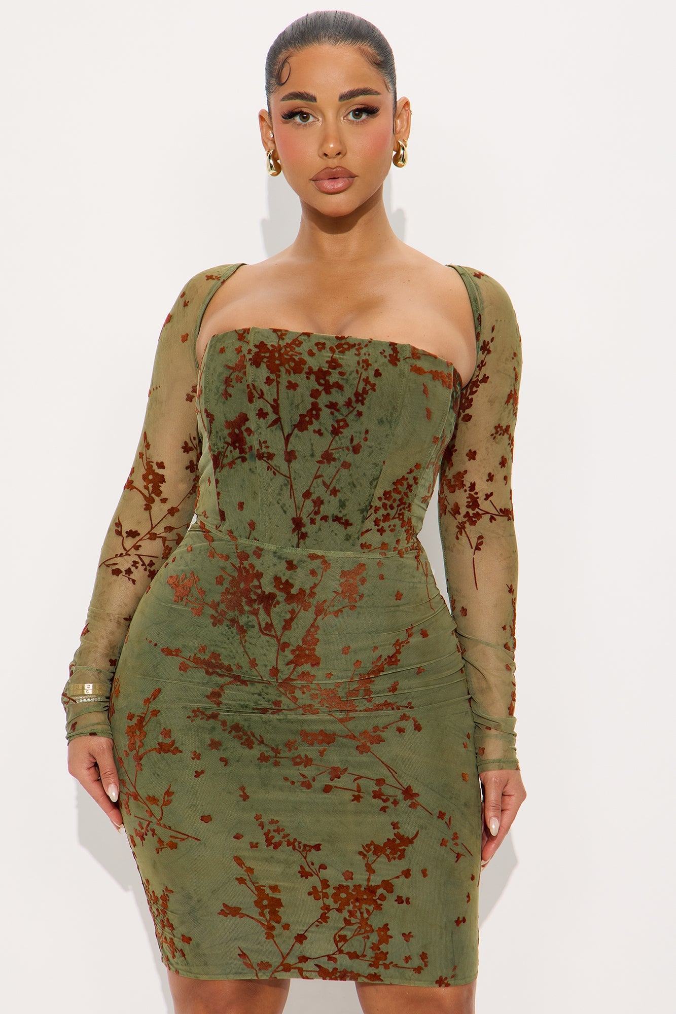 Eden Strapless Mesh Flocked Midi Dress - Olive image 5