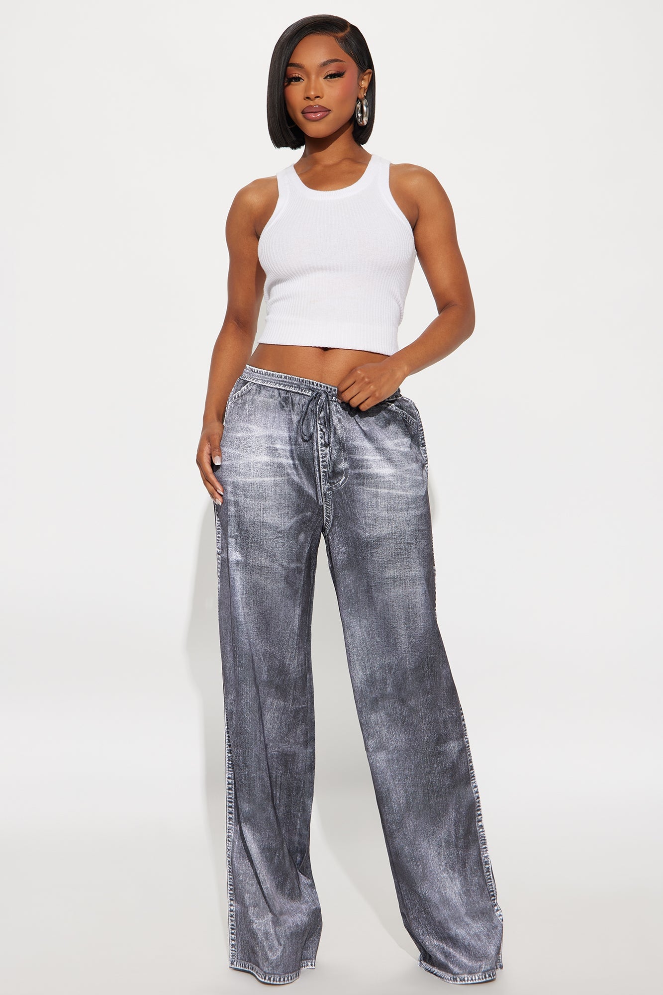 Out The Mix Denim Print Satin Pants - Grey image 6