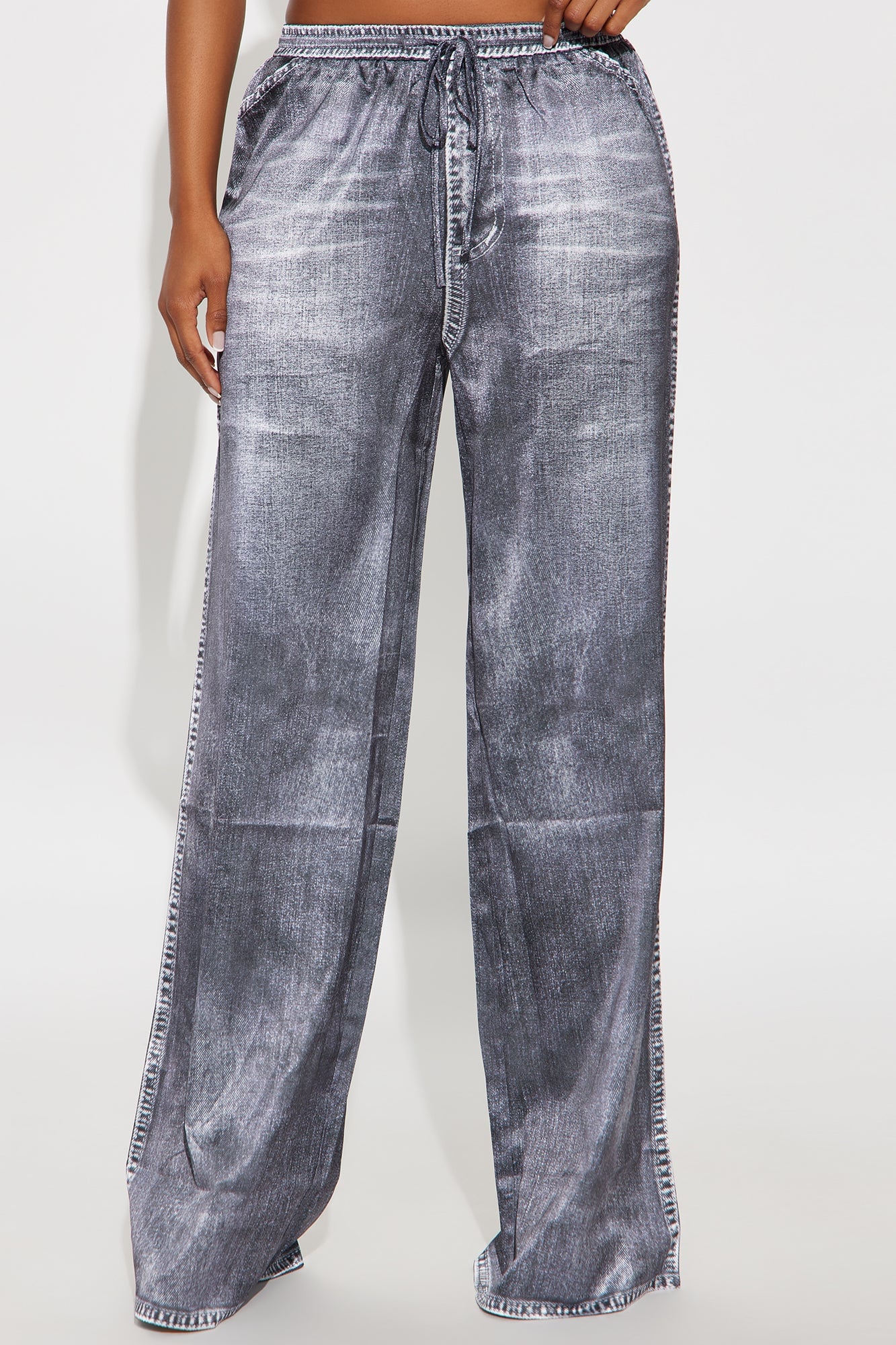 Out The Mix Denim Print Satin Pants - Grey image 5