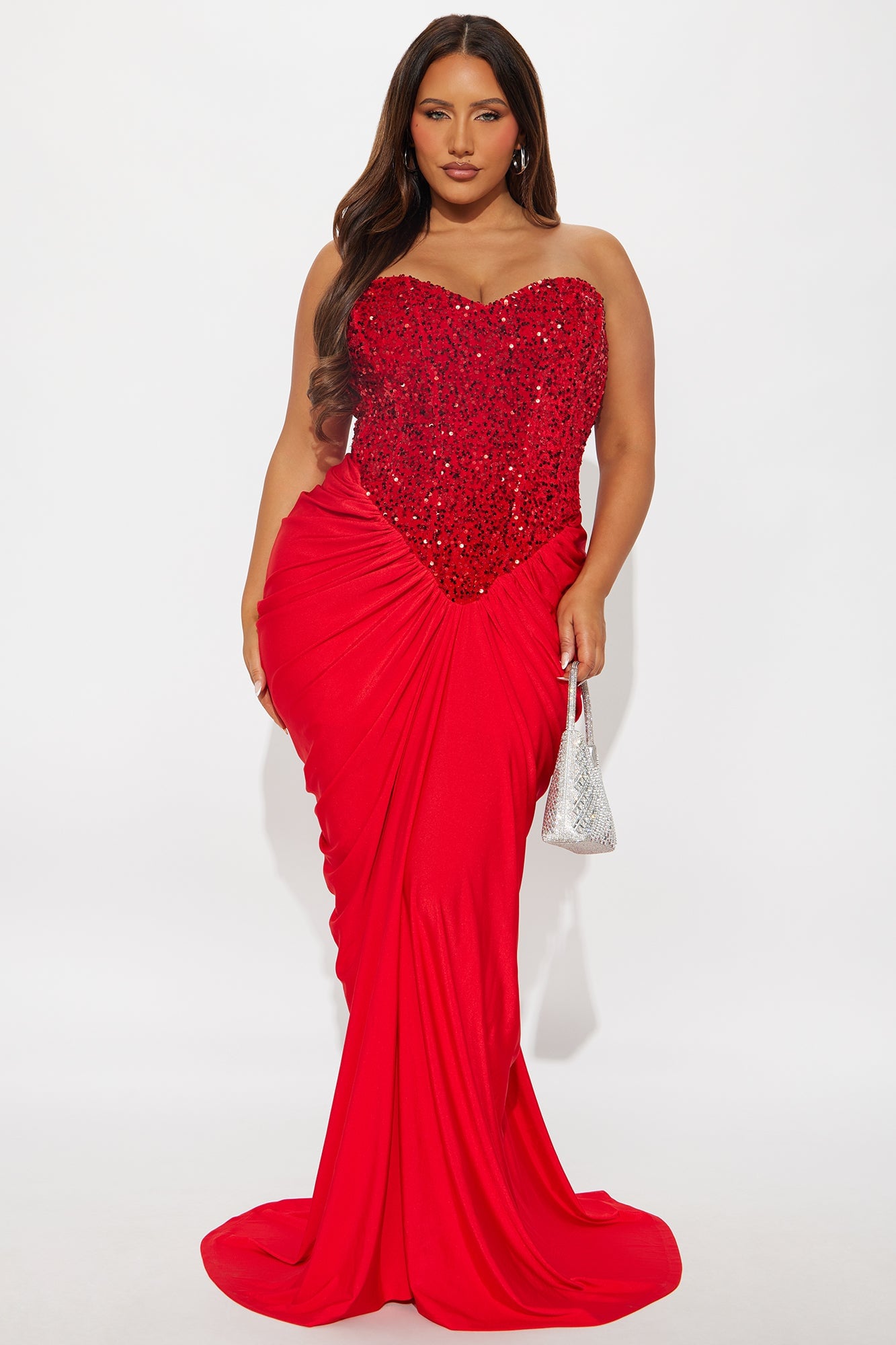 Can't Look Away Ruched Sequin Gown - Red image 1
