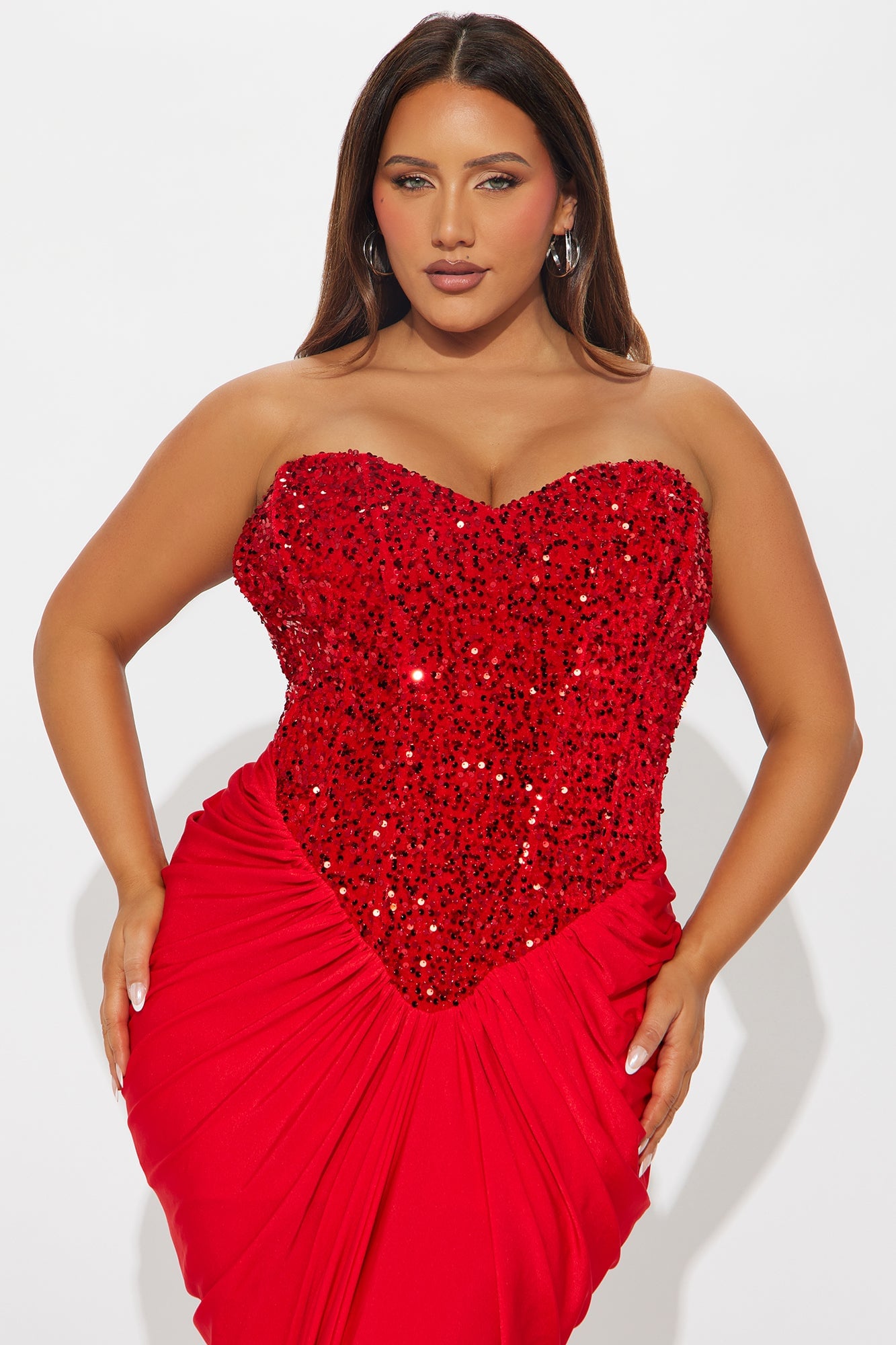 Can't Look Away Ruched Sequin Gown - Red image 2