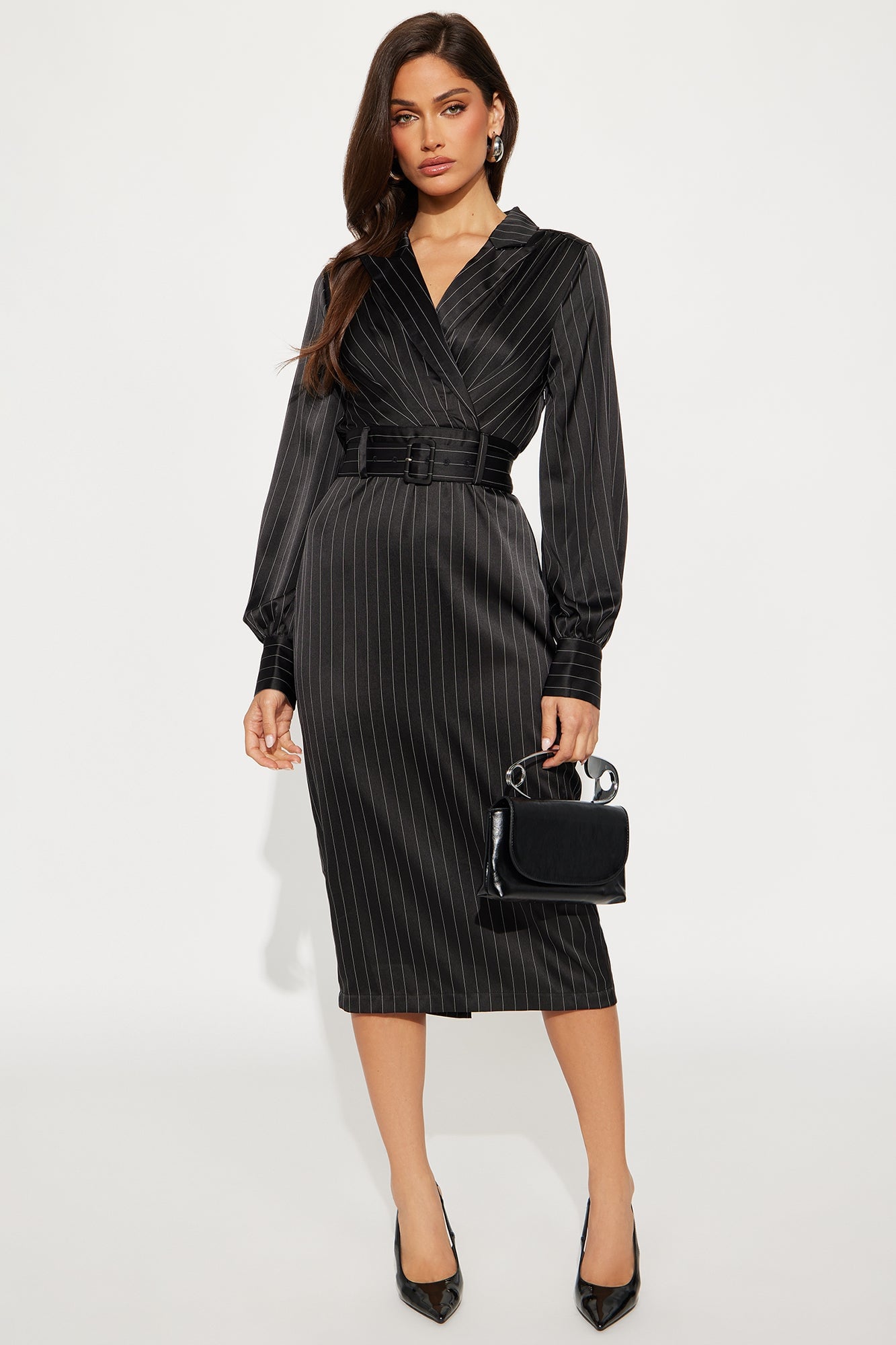 Call The Shots Belted Satin Midi Dress - Black image 4
