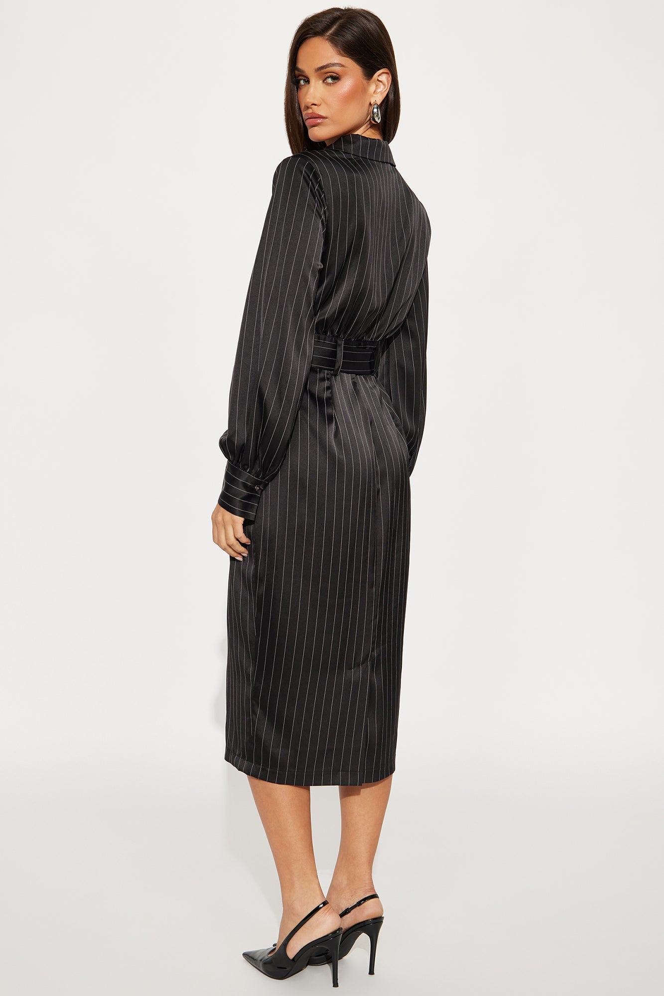 Call The Shots Belted Satin Midi Dress - Black image 6