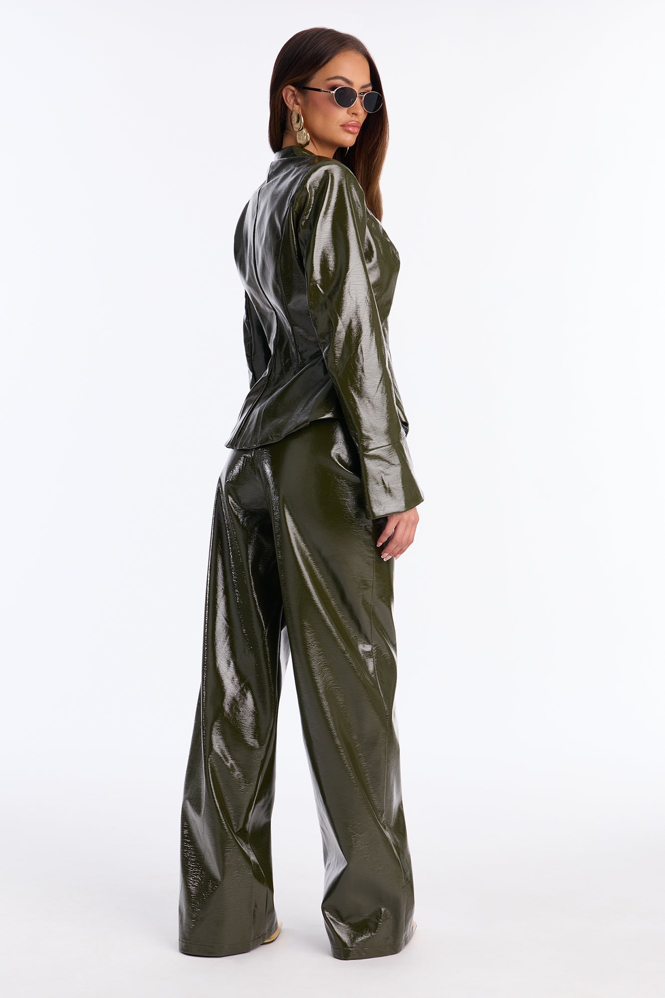 Boss Babe Faux Leather Cinched Blazer Pant Set - Olive image 4
