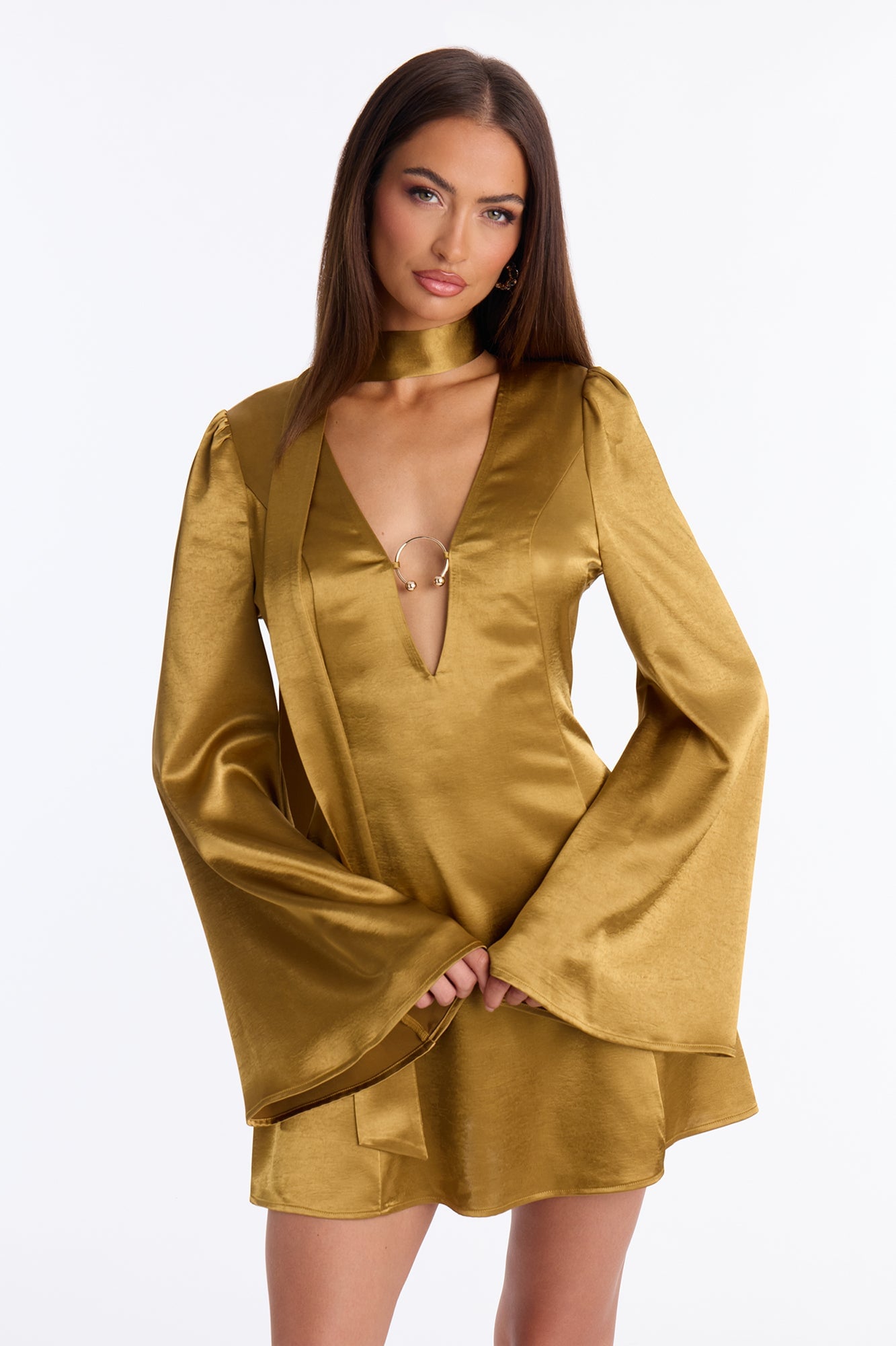 Jasmine Bell Sleeve Satin Mini Dress - Gold image 5