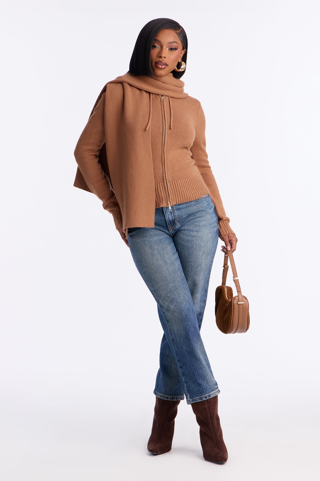 Knot Your Girl Zip Front 2pc Cardigan and Scarf Set - Taupe image 6