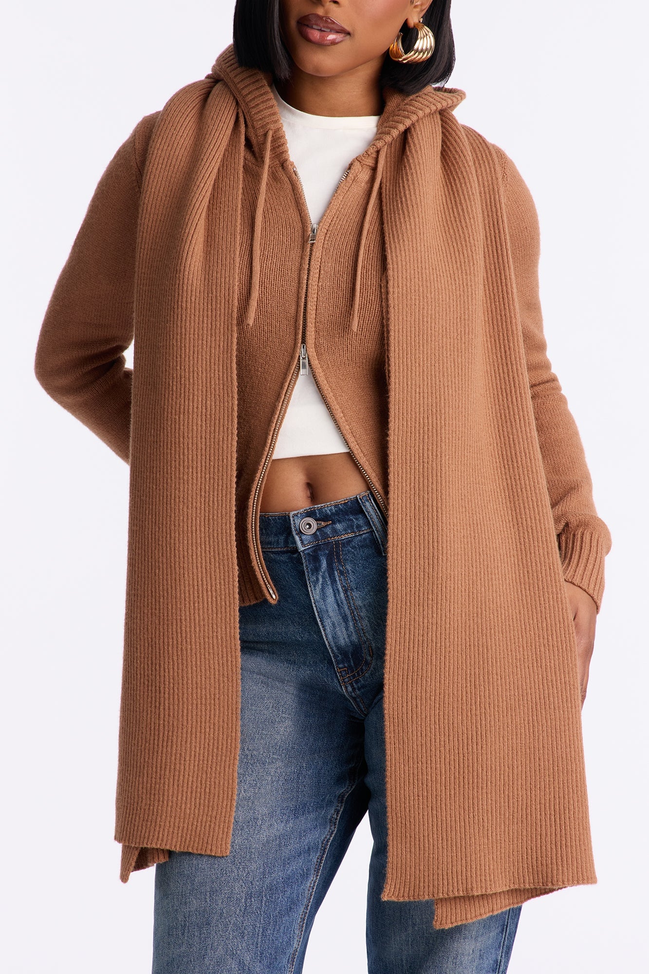 Knot Your Girl Zip Front 2pc Cardigan and Scarf Set - Taupe image 7