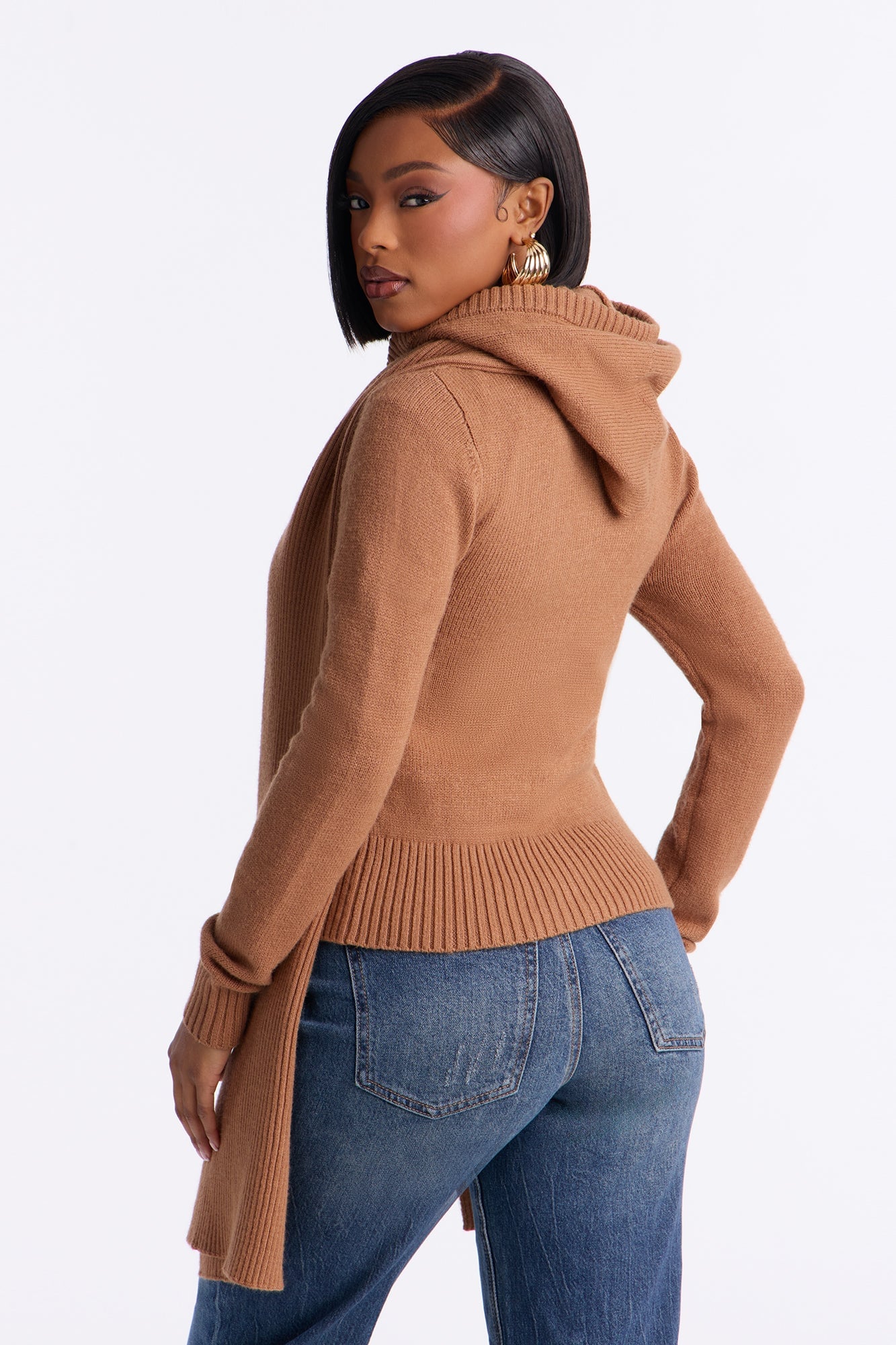 Knot Your Girl Zip Front 2pc Cardigan and Scarf Set - Taupe image 8