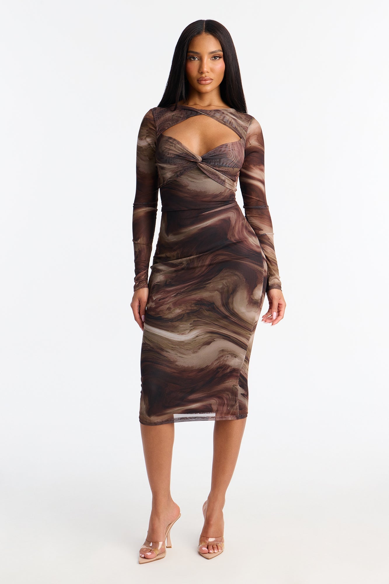 Harlow Long Sleeve Mesh Midi Dress - Brown image 5