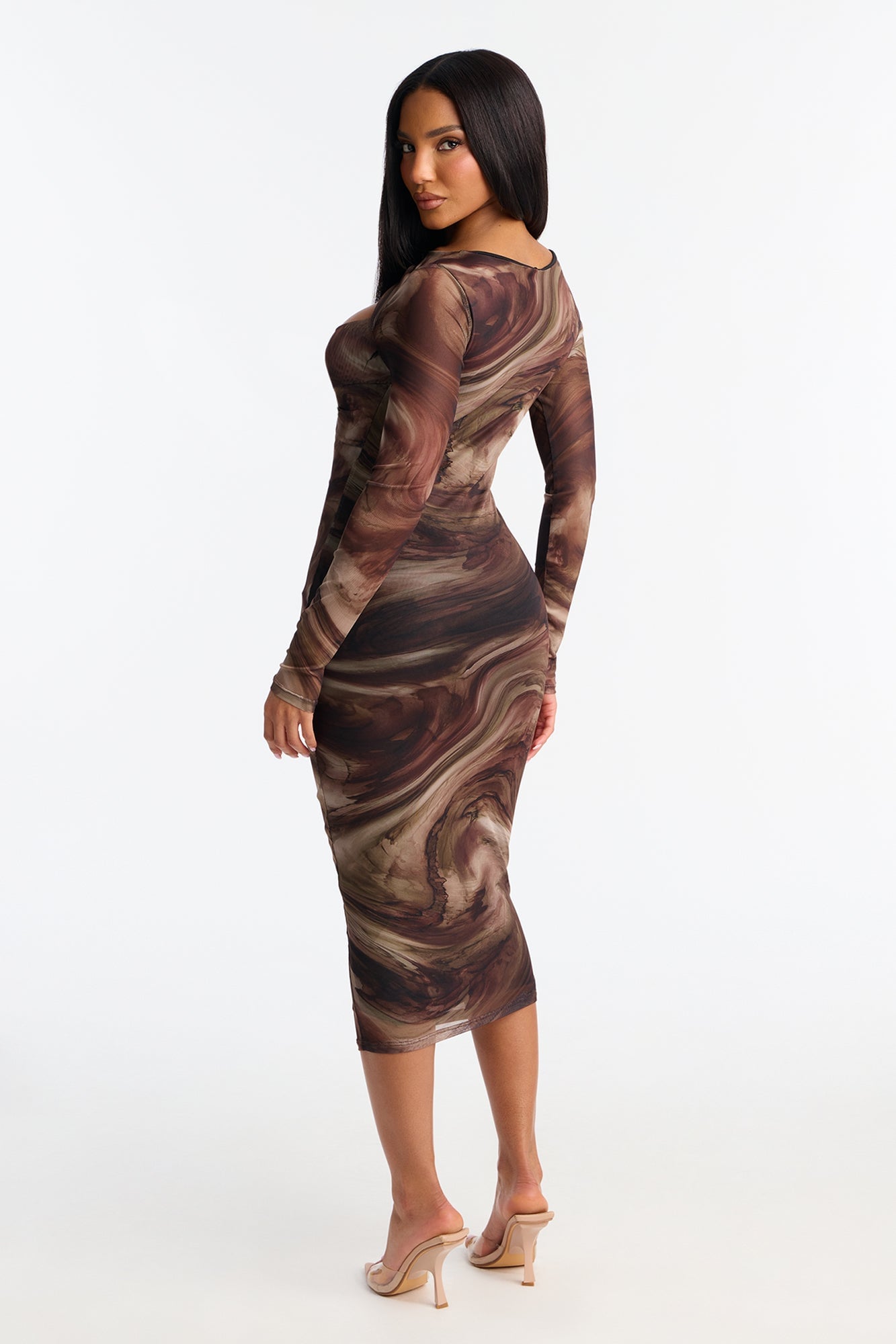 Harlow Long Sleeve Mesh Midi Dress - Brown image 7