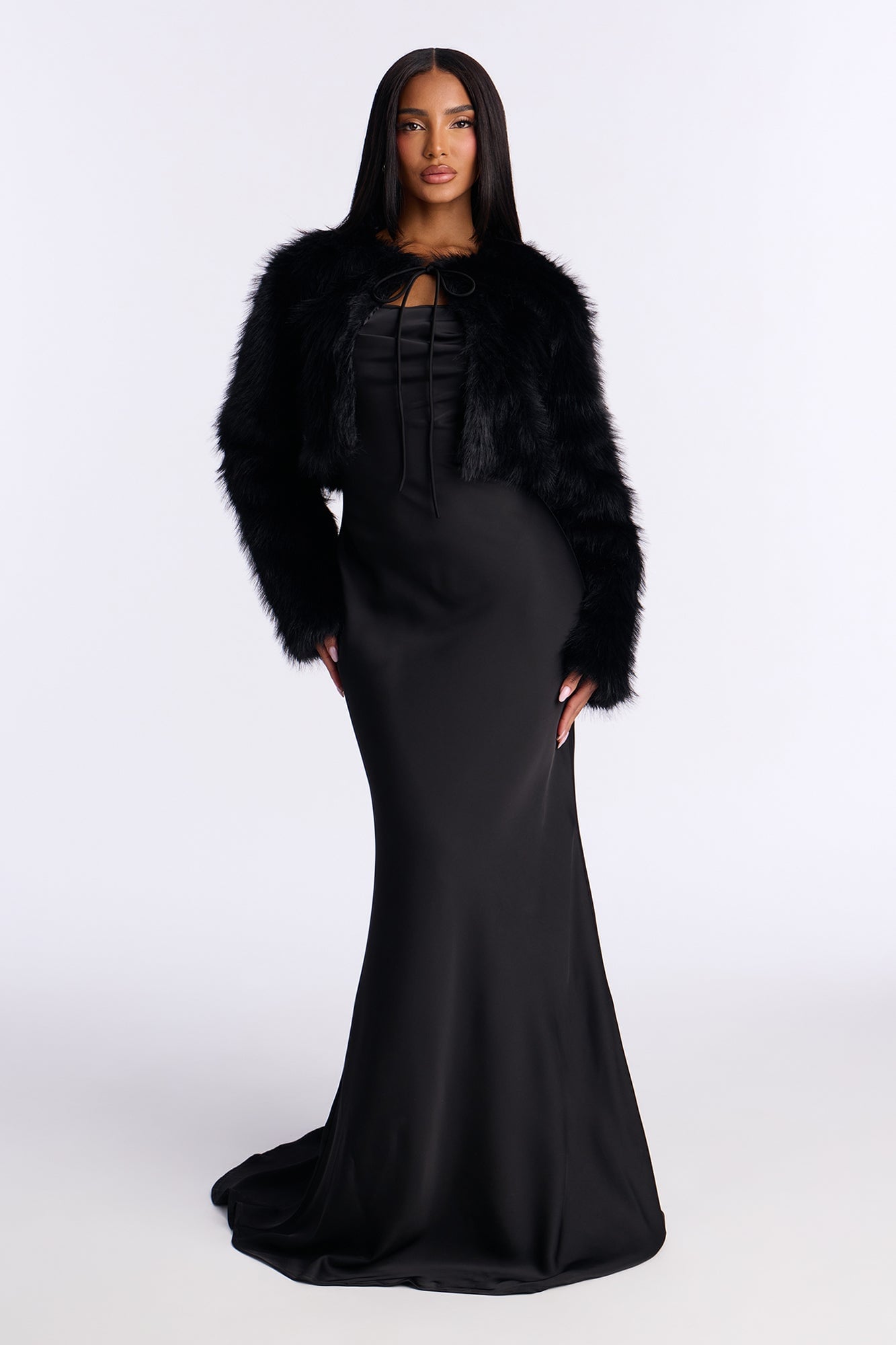 Elegant Evening Satin Gown And Jacket Set - Black image 1
