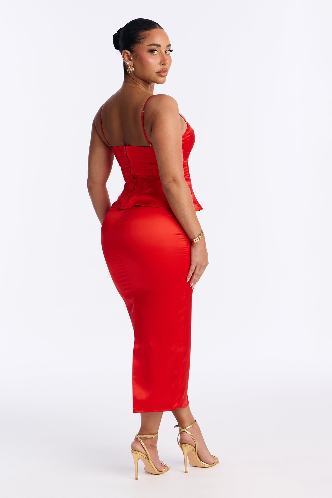 Deepest Desire Satin Peplum Corset Maxi Skirt Set - Red image 3