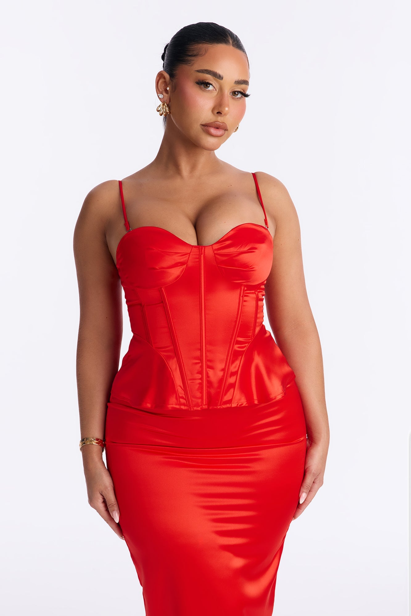 Deepest Desire Satin Peplum Corset Maxi Skirt Set - Red image 2