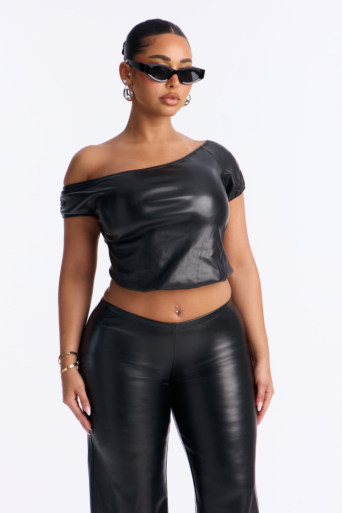 Roxy FAUX leather low rIse straight leg pant set - Black image 2