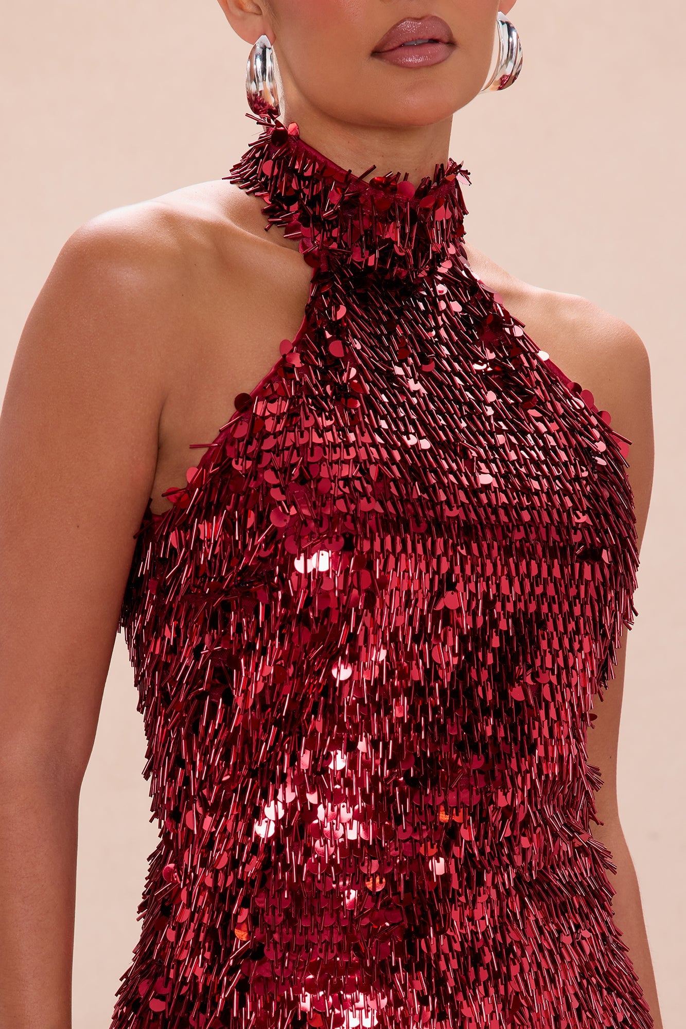 Mariella Mock Neck Sequin Midi Dress - Red image 7