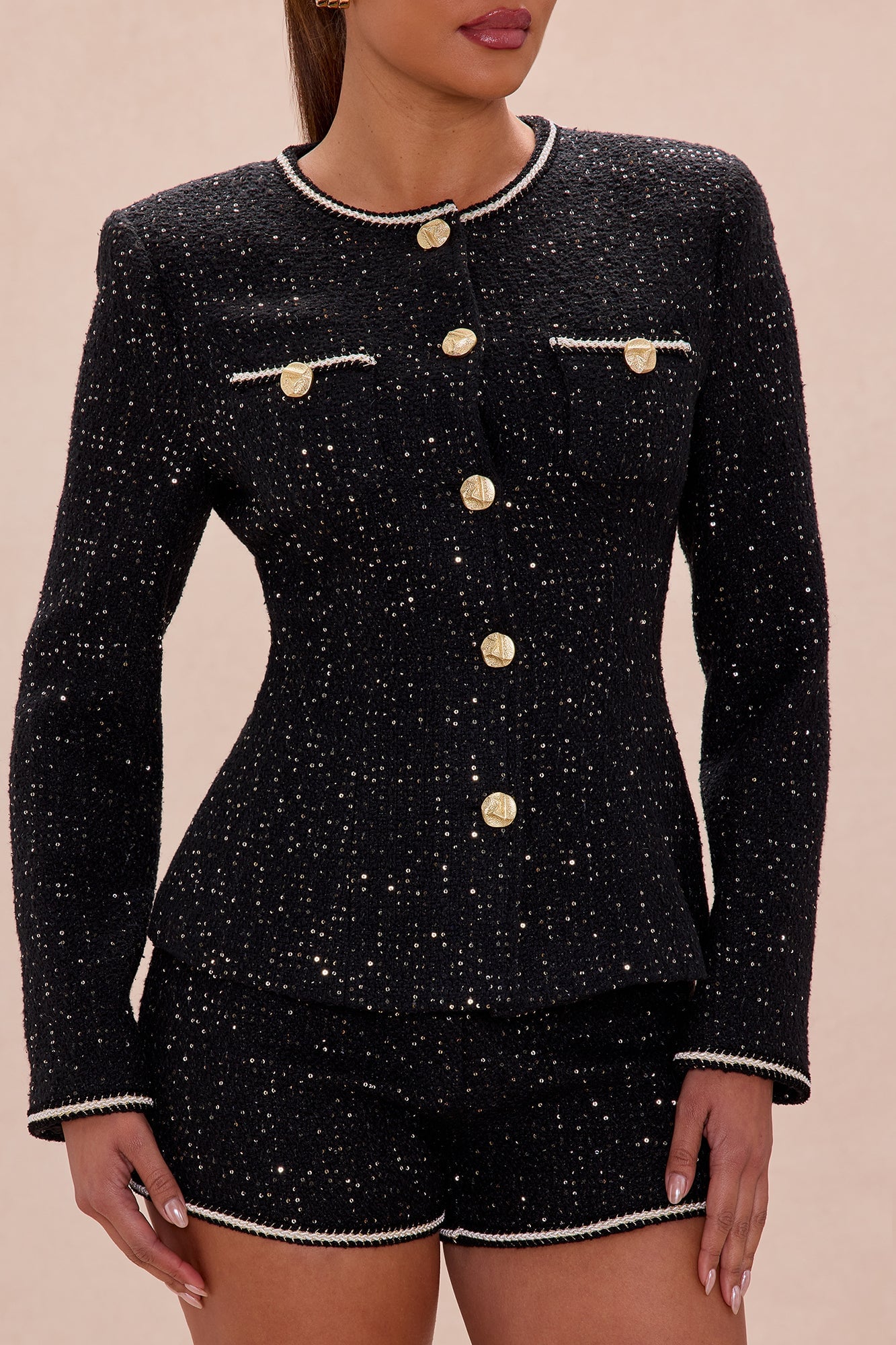 Livy Sequin Tweed Short Set - Black image 3