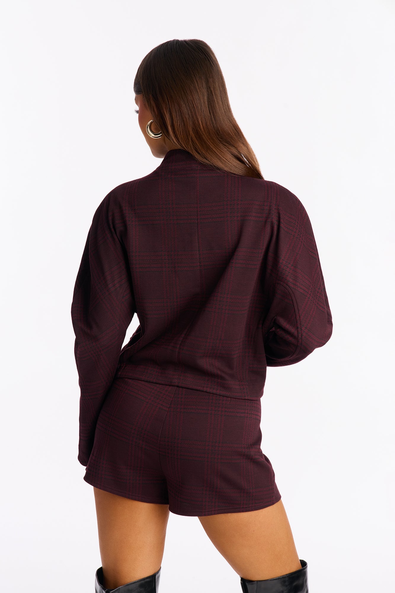 Layla Plaid Jacket Short Set - Wine image 8