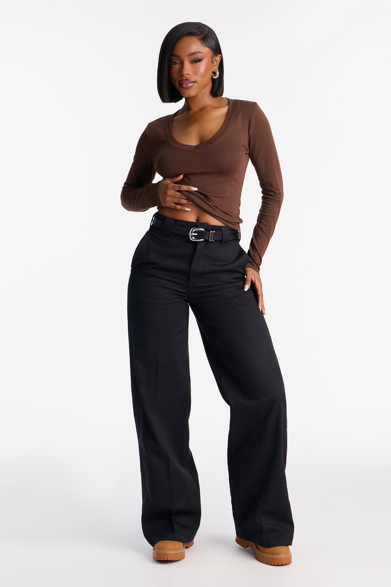 Jasmine V Neck Everyday Long Sleeve Top - Brown image 2