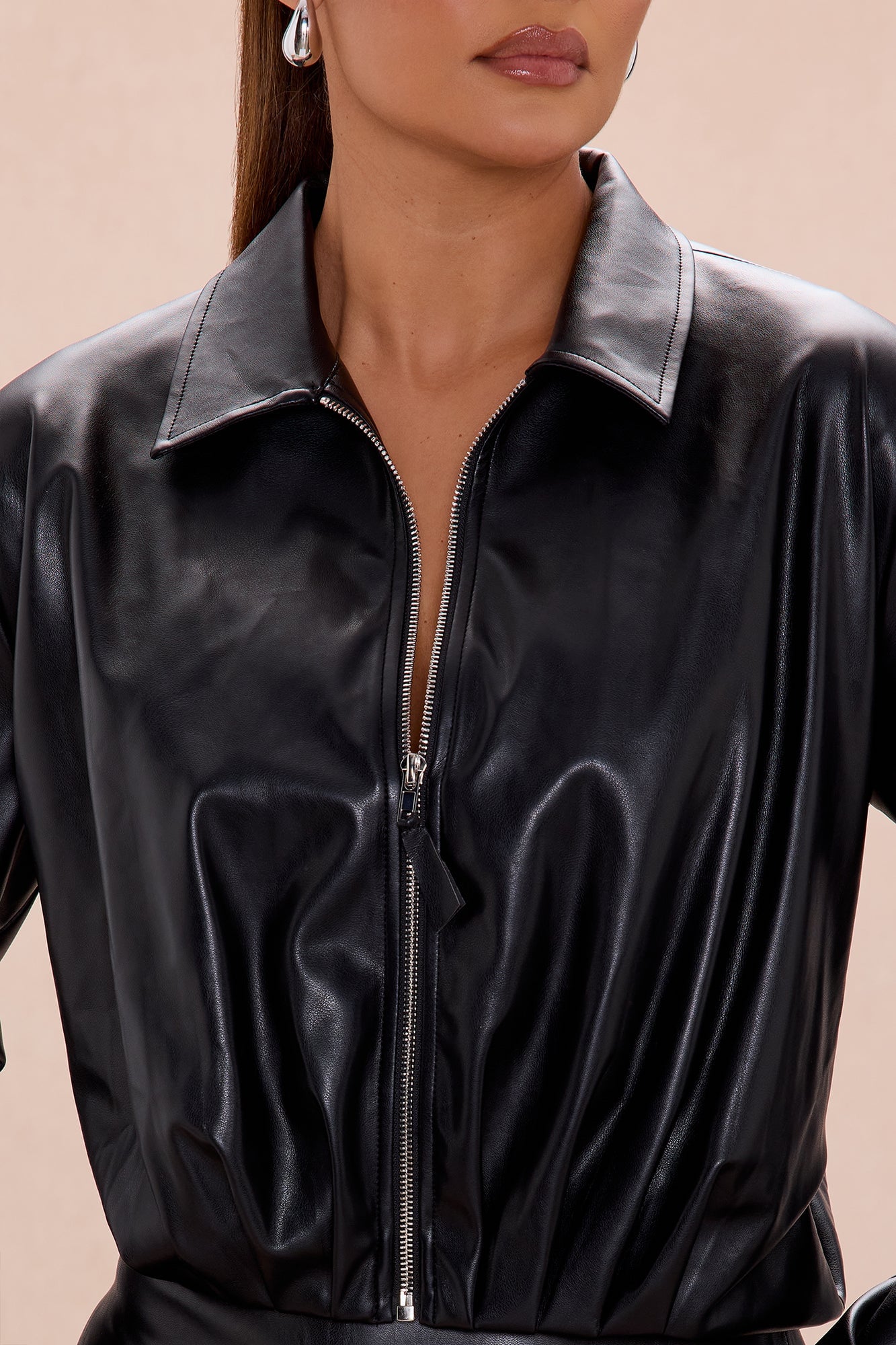 Kara Pleated Faux Leather Jacket - Black image 3