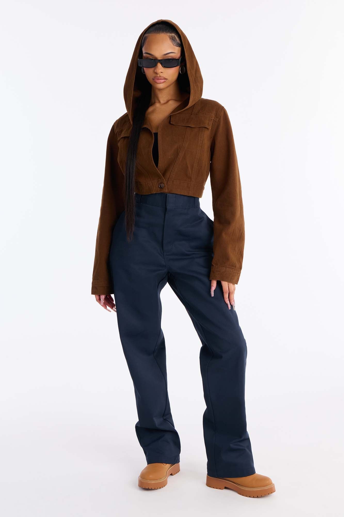 Ruthie Hooded Washed Twill Cropped Jacket - Brown image 5
