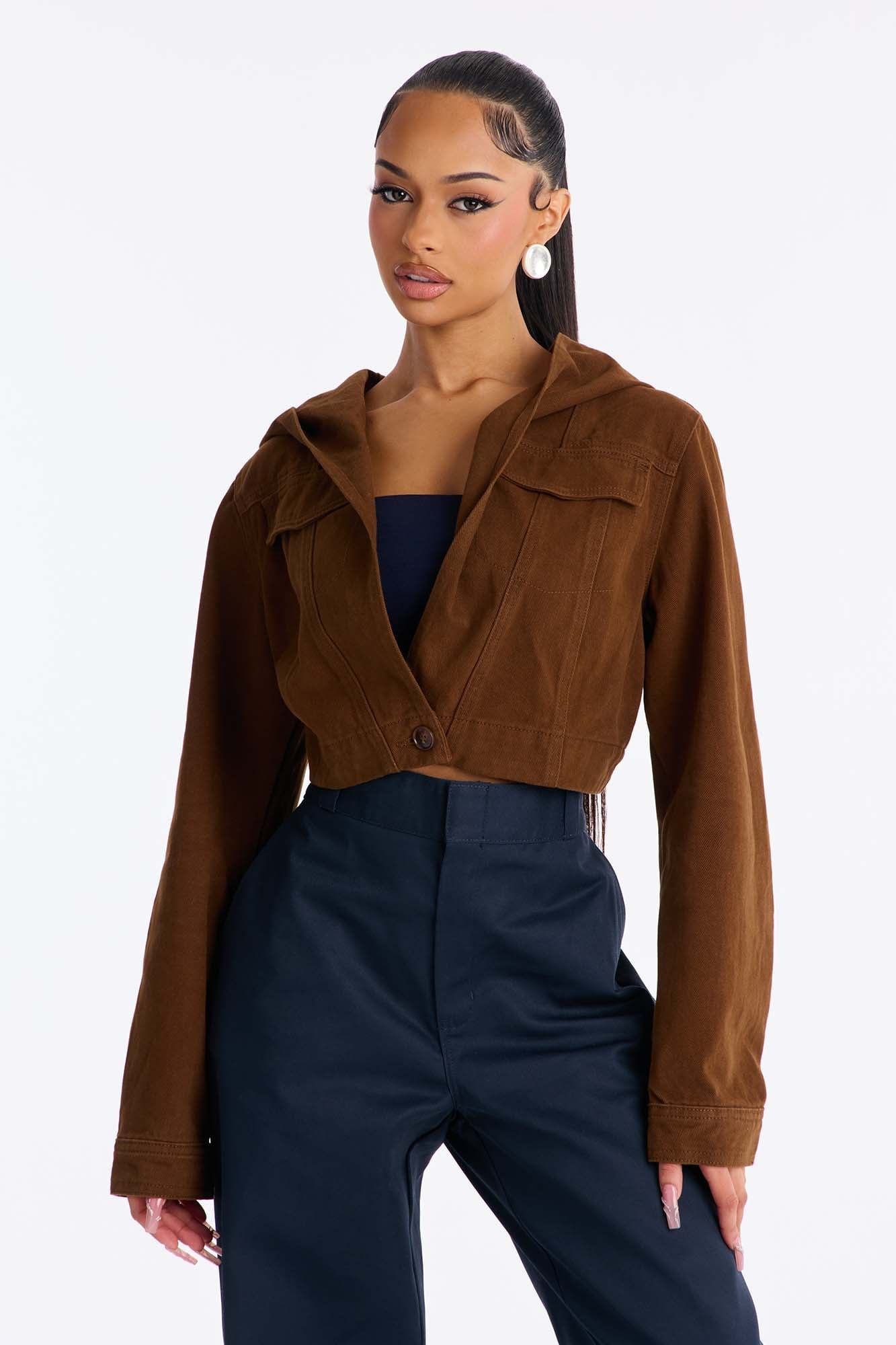 Ruthie Hooded Washed Twill Cropped Jacket - Brown image 4