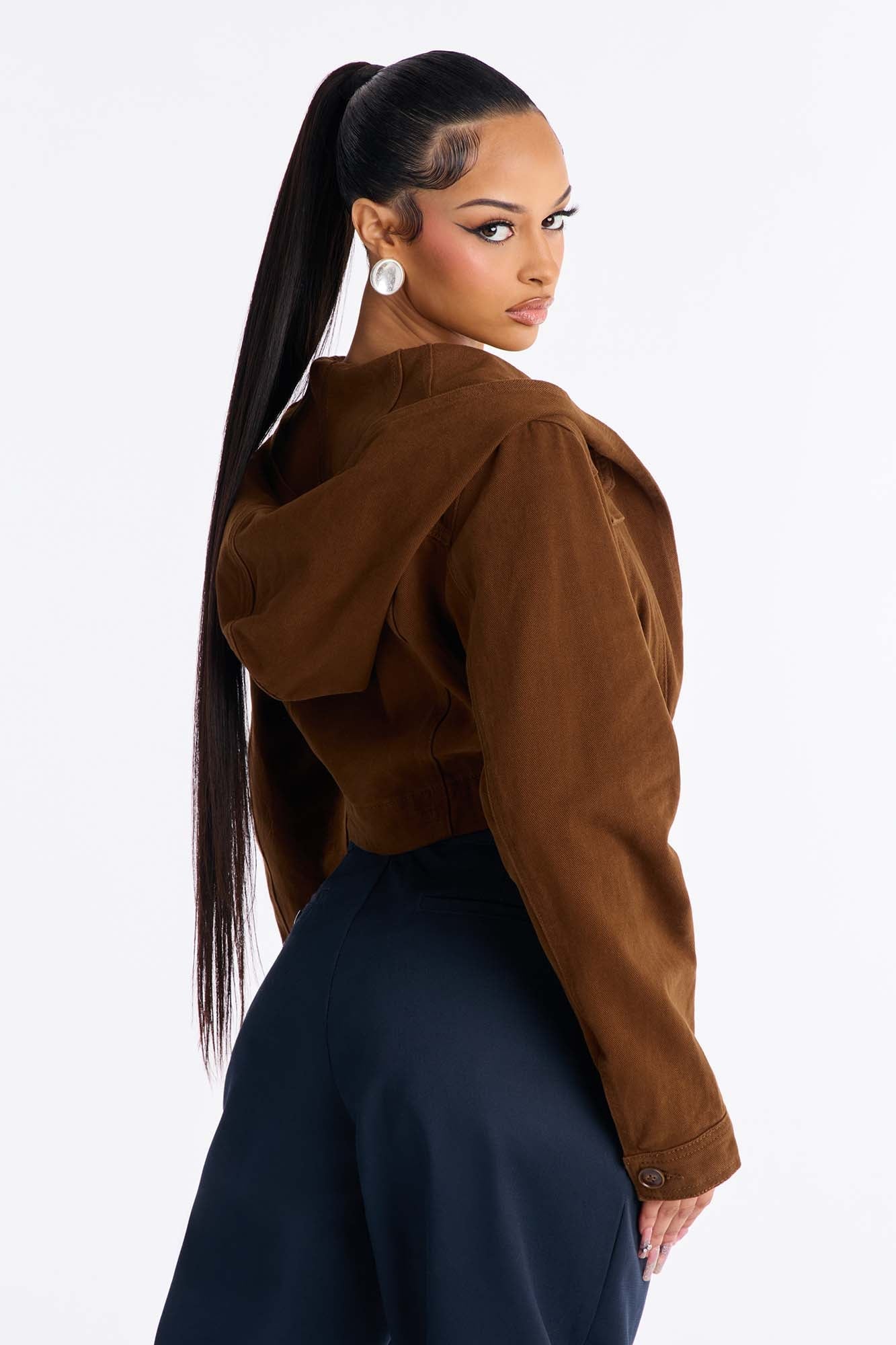 Ruthie Hooded Washed Twill Cropped Jacket - Brown image 6
