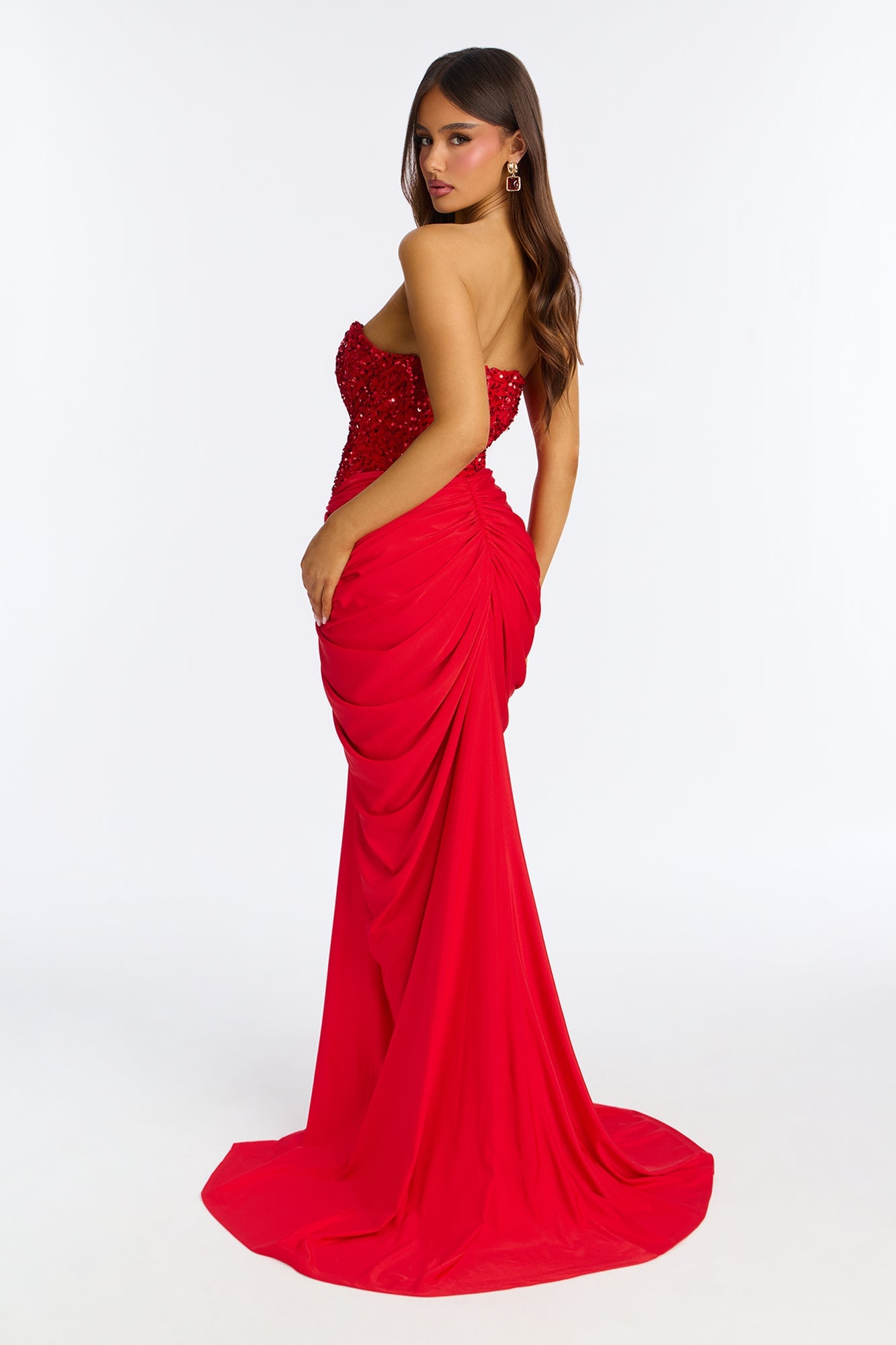 Can't Look Away Ruched Sequin Gown - Red image 6
