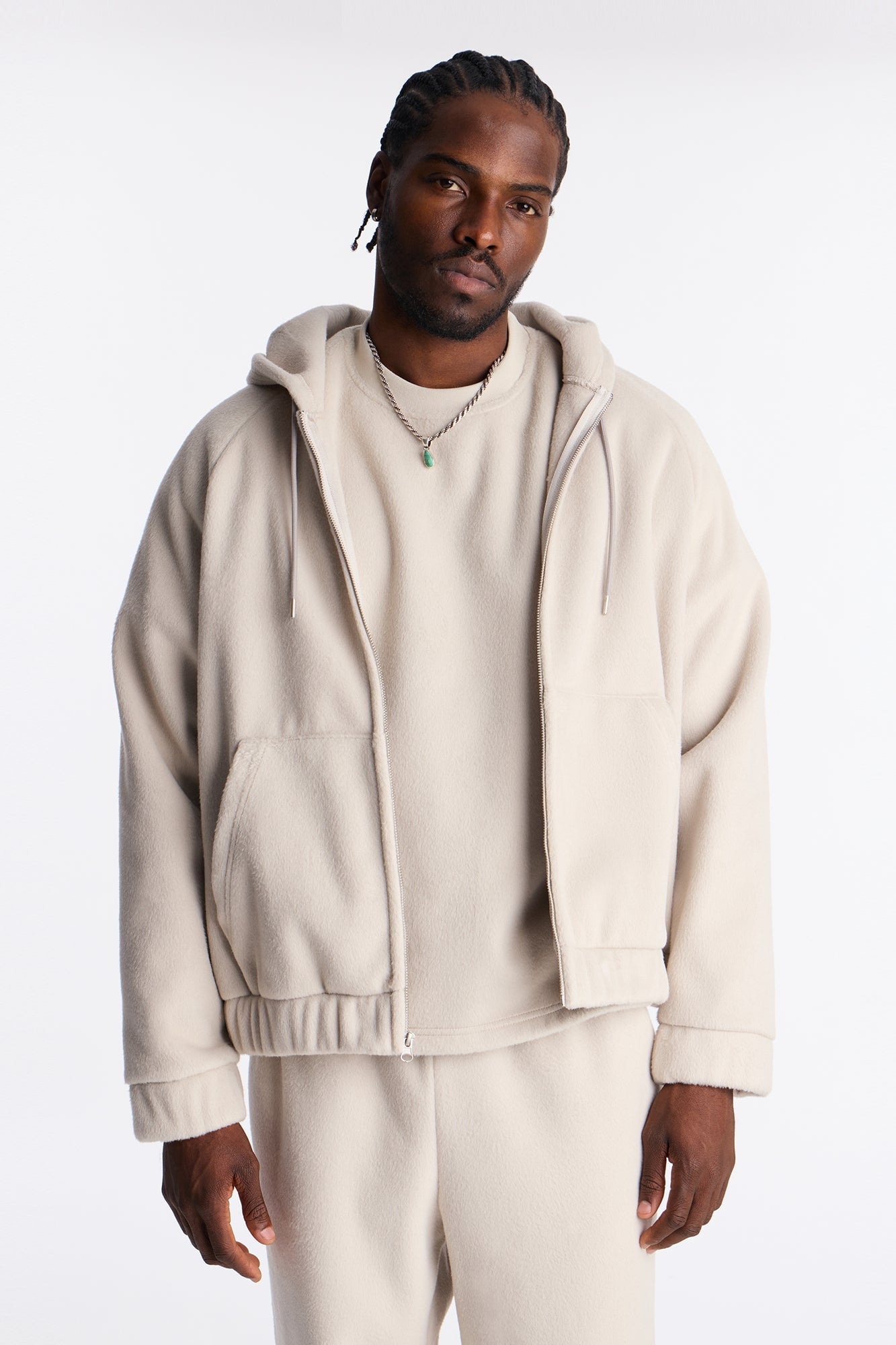 Fuzzy Textured Premium Zip Up Hoodie - Stone image 5