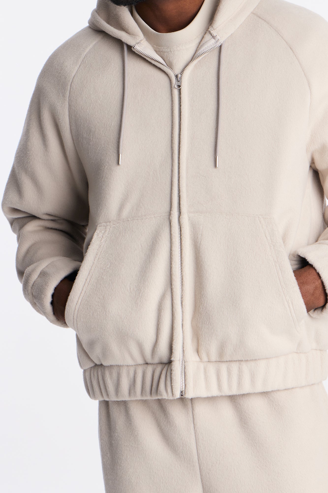 Fuzzy Textured Premium Zip Up Hoodie - Stone image 7
