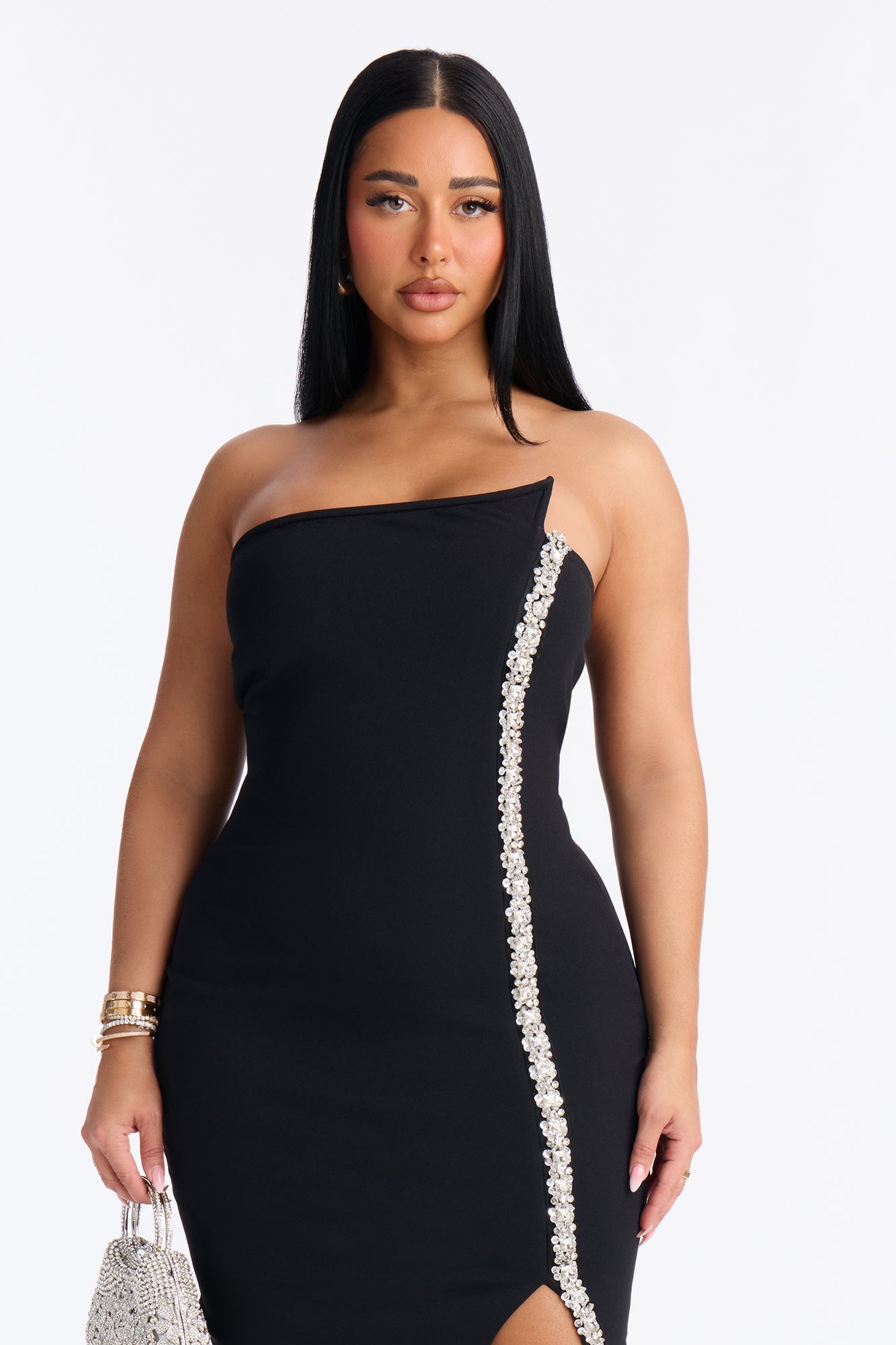 Naomi Asymmetrical Rhinestone Midi Dress - Black image 5
