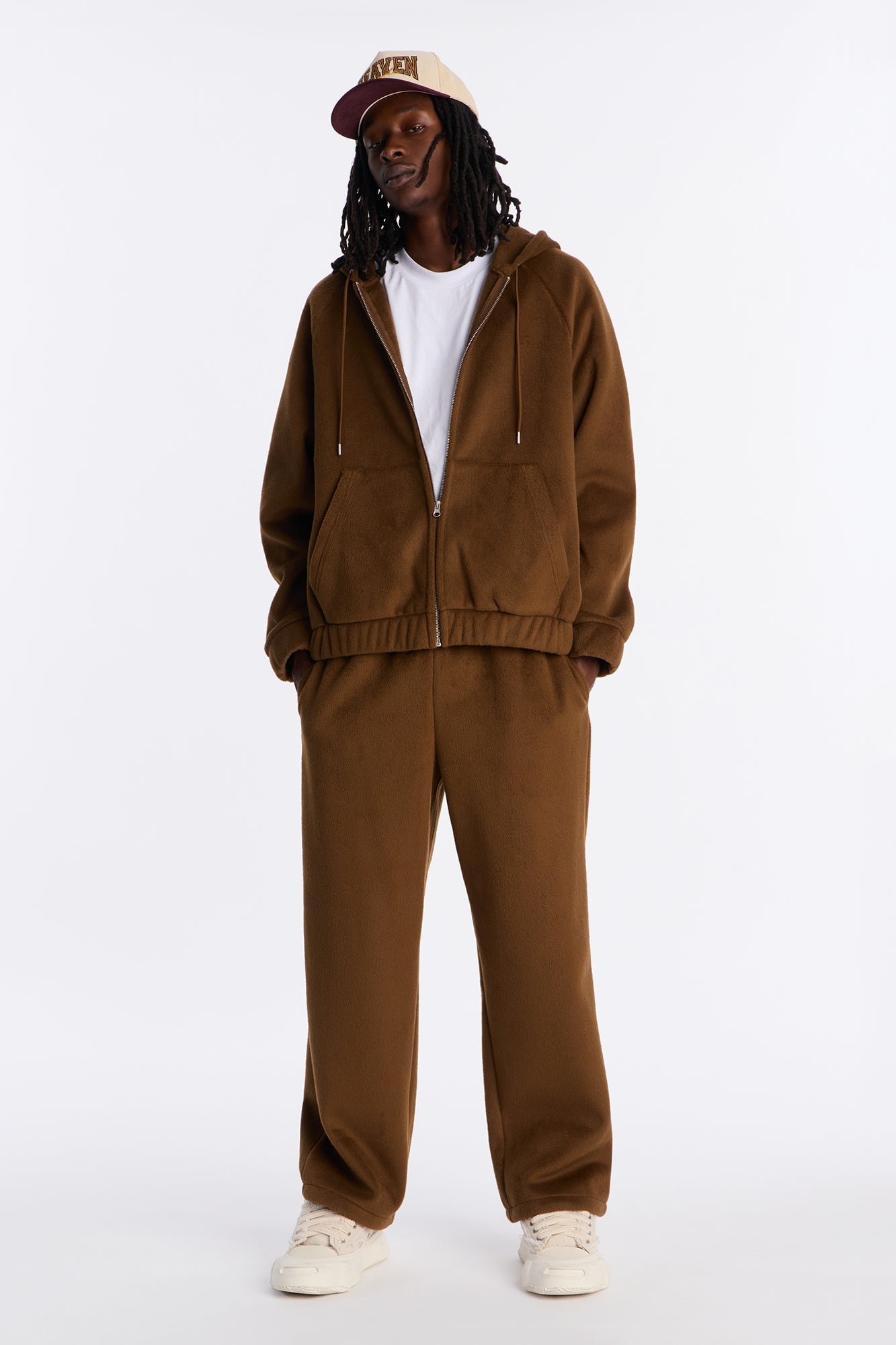 Fuzzy Textured Premium Zip Up Hoodie - Brown image 7