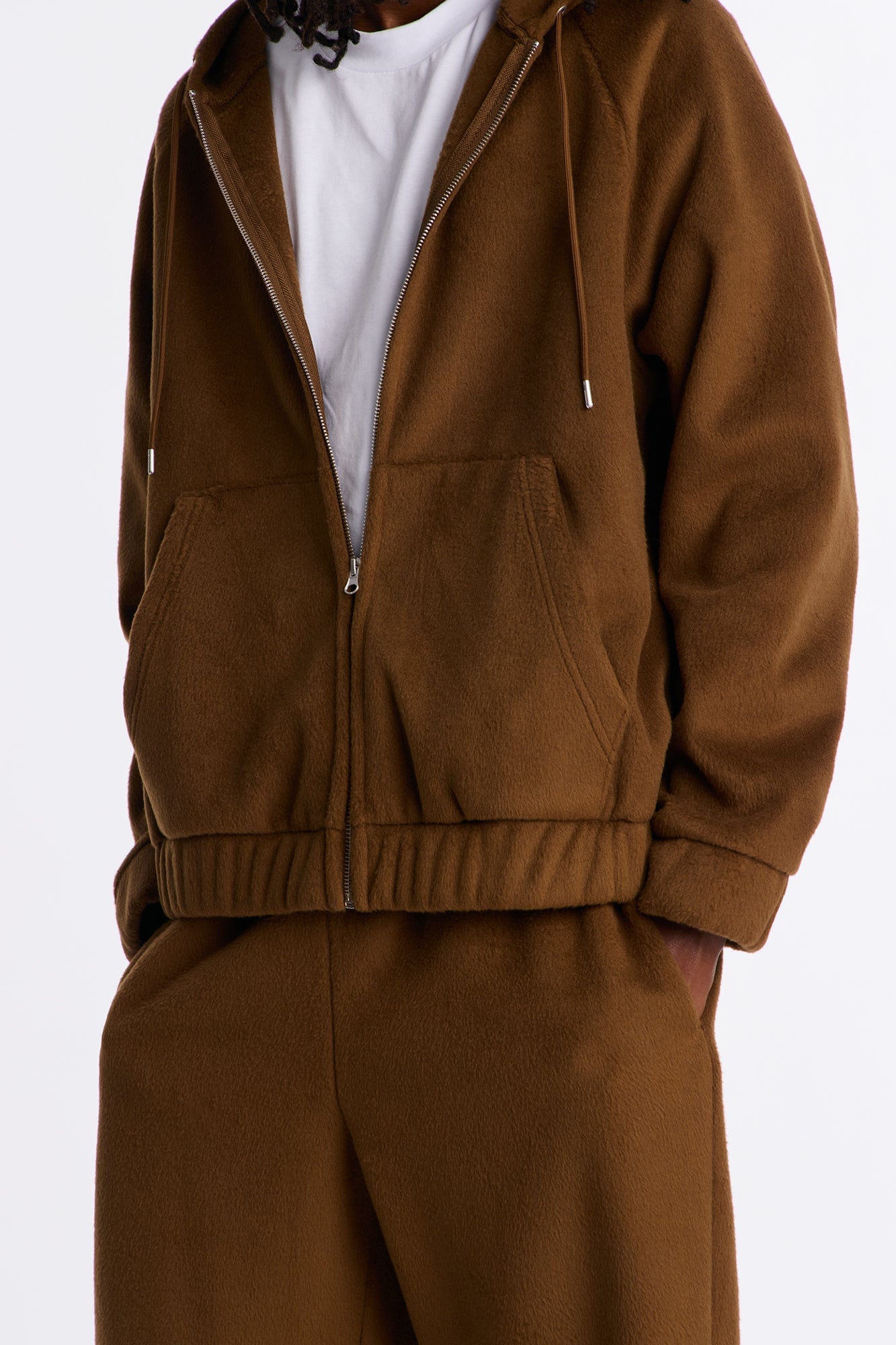 Fuzzy Textured Premium Zip Up Hoodie - Brown image 8