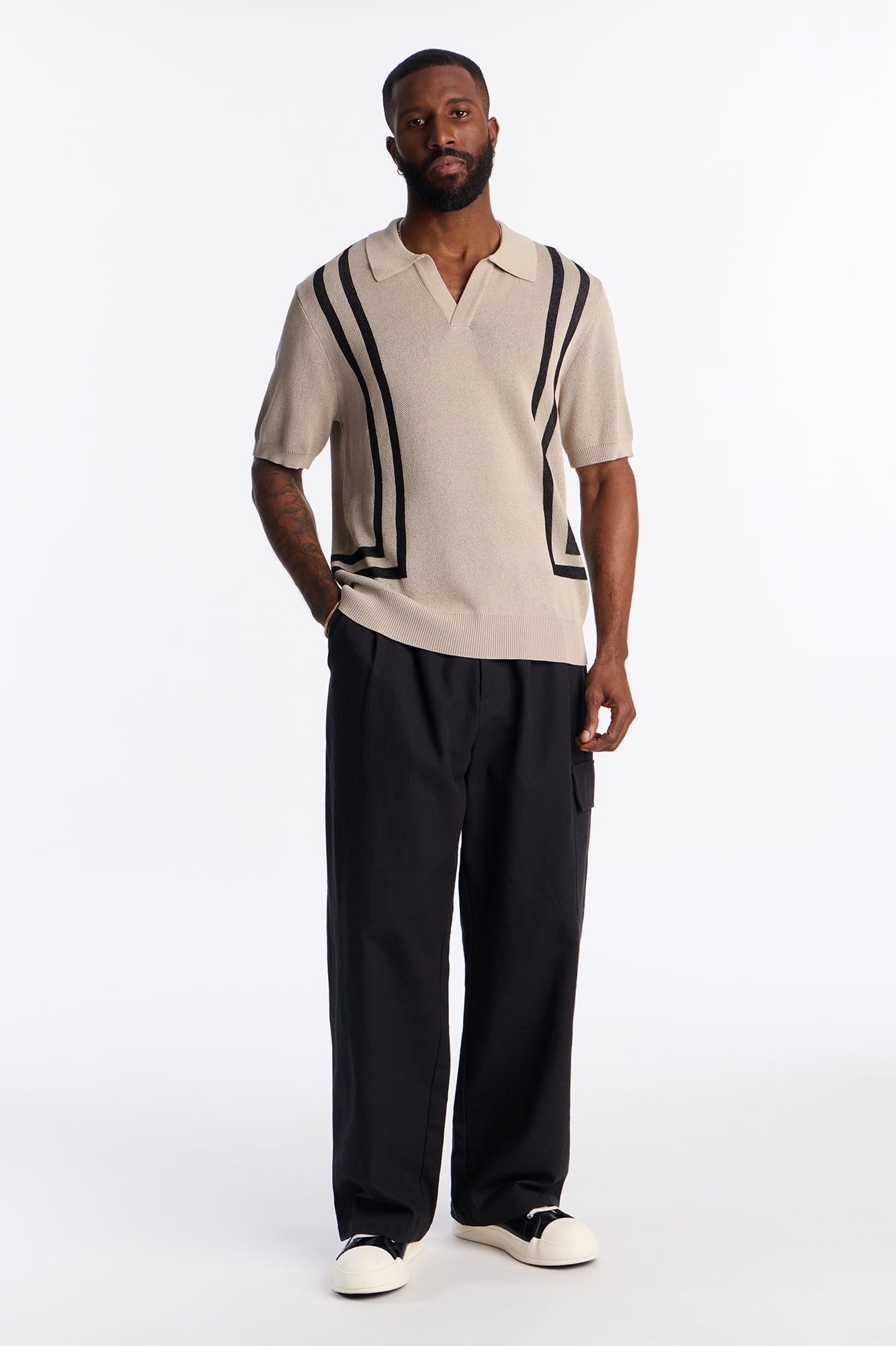Seeing Lines Knit Johnny Collar Shirt - Tan image 6