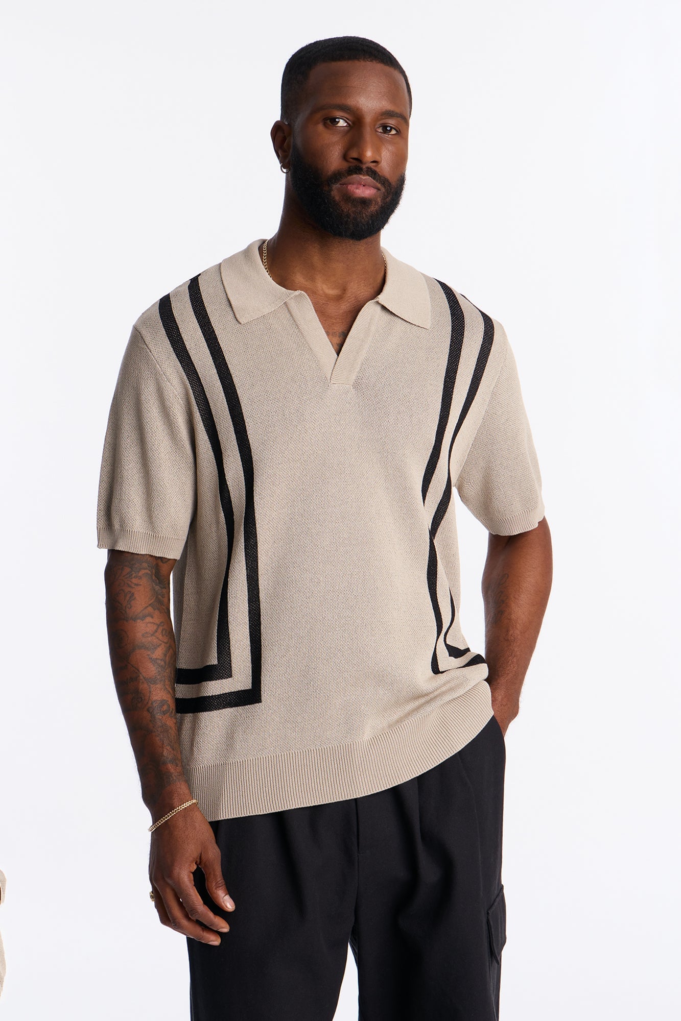 Seeing Lines Knit Johnny Collar Shirt - Tan image 5