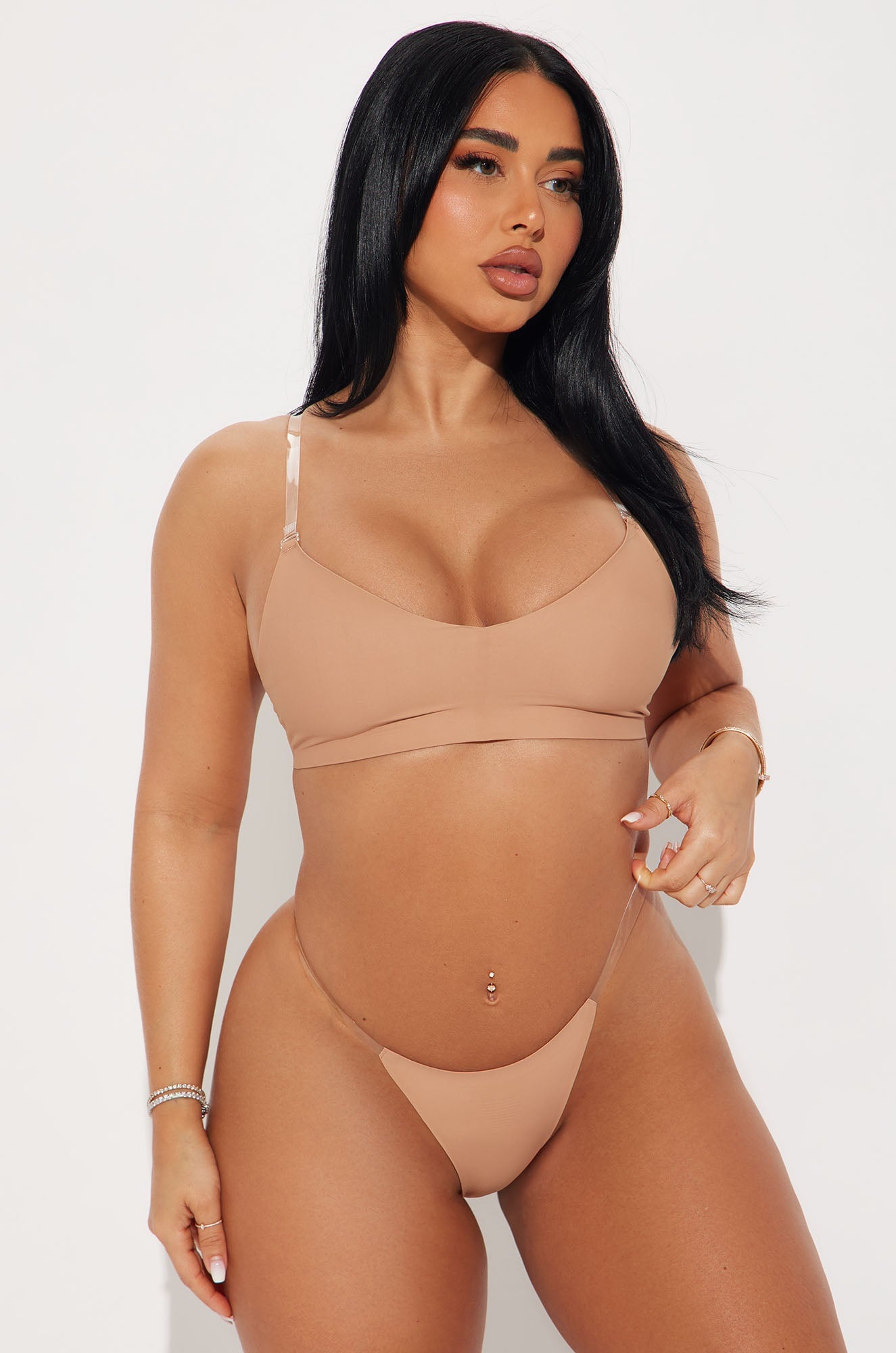 No Show Microfiber Clear Strap Thong - Nude image 3
