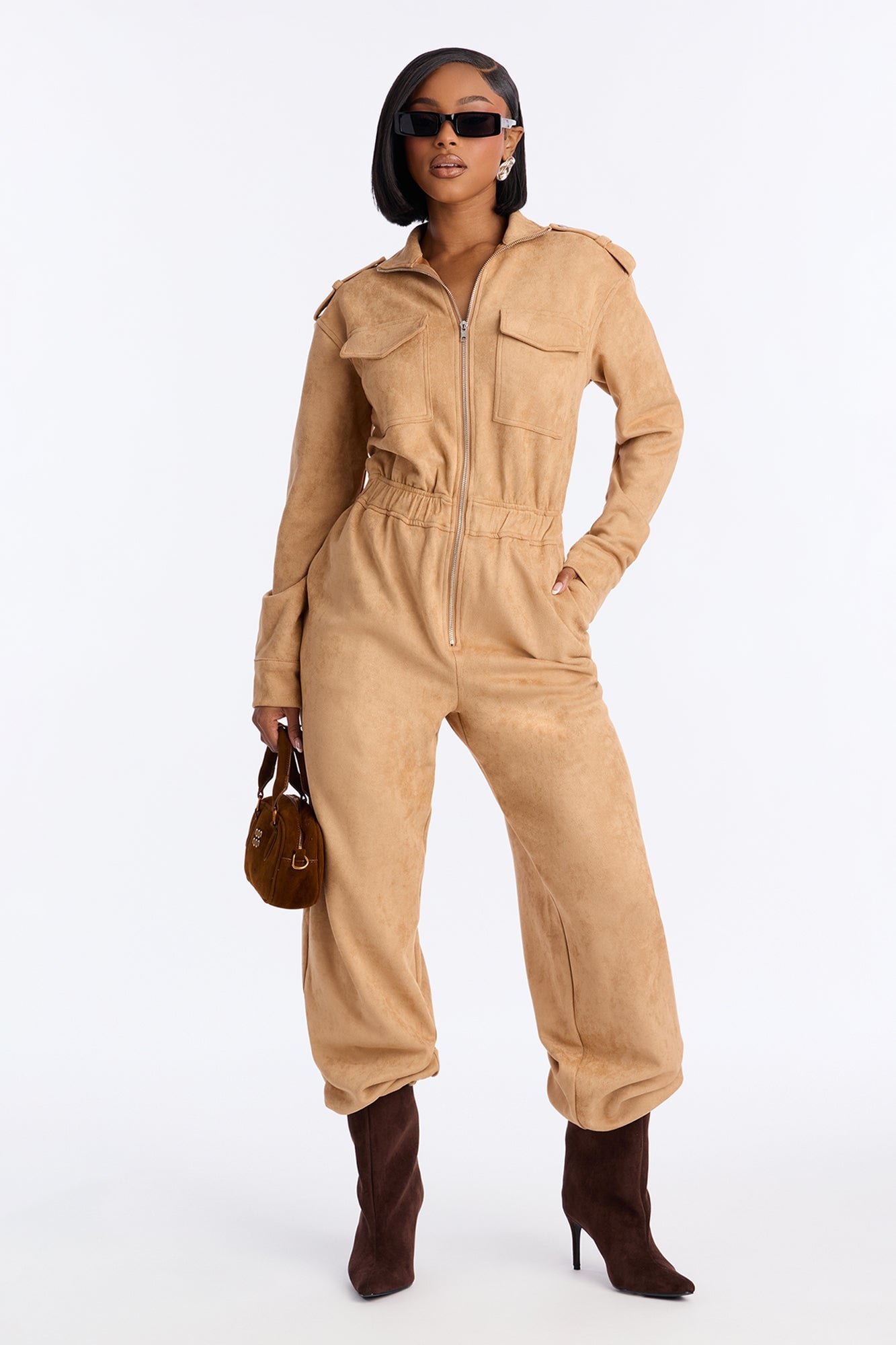 Sofia Suede Long Sleeve Cargo Jogger Jumpsuit - Taupe image 5