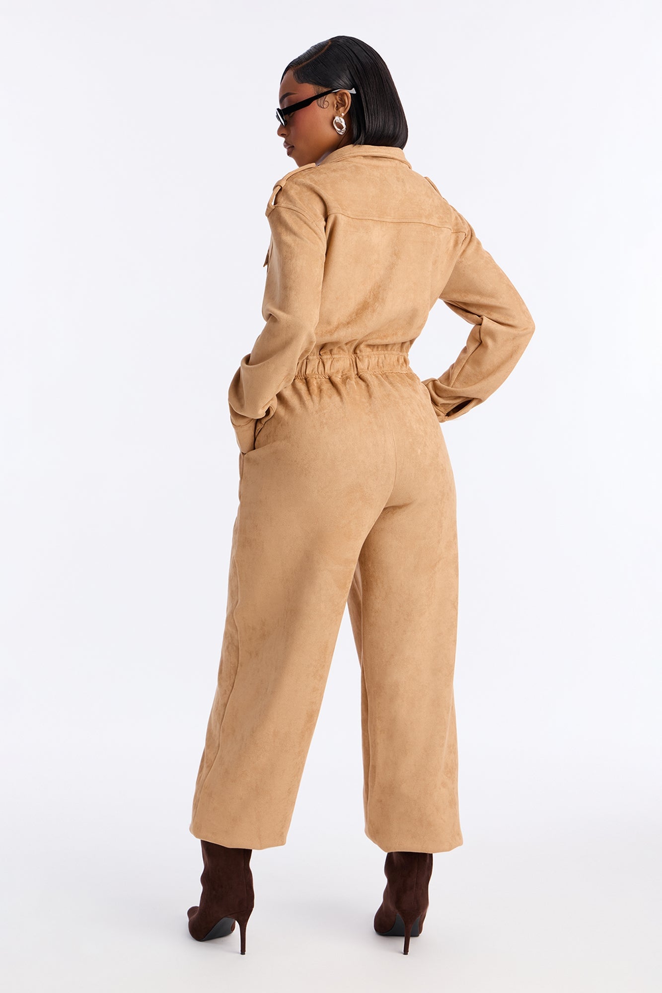 Sofia Suede Long Sleeve Cargo Jogger Jumpsuit - Taupe image 8