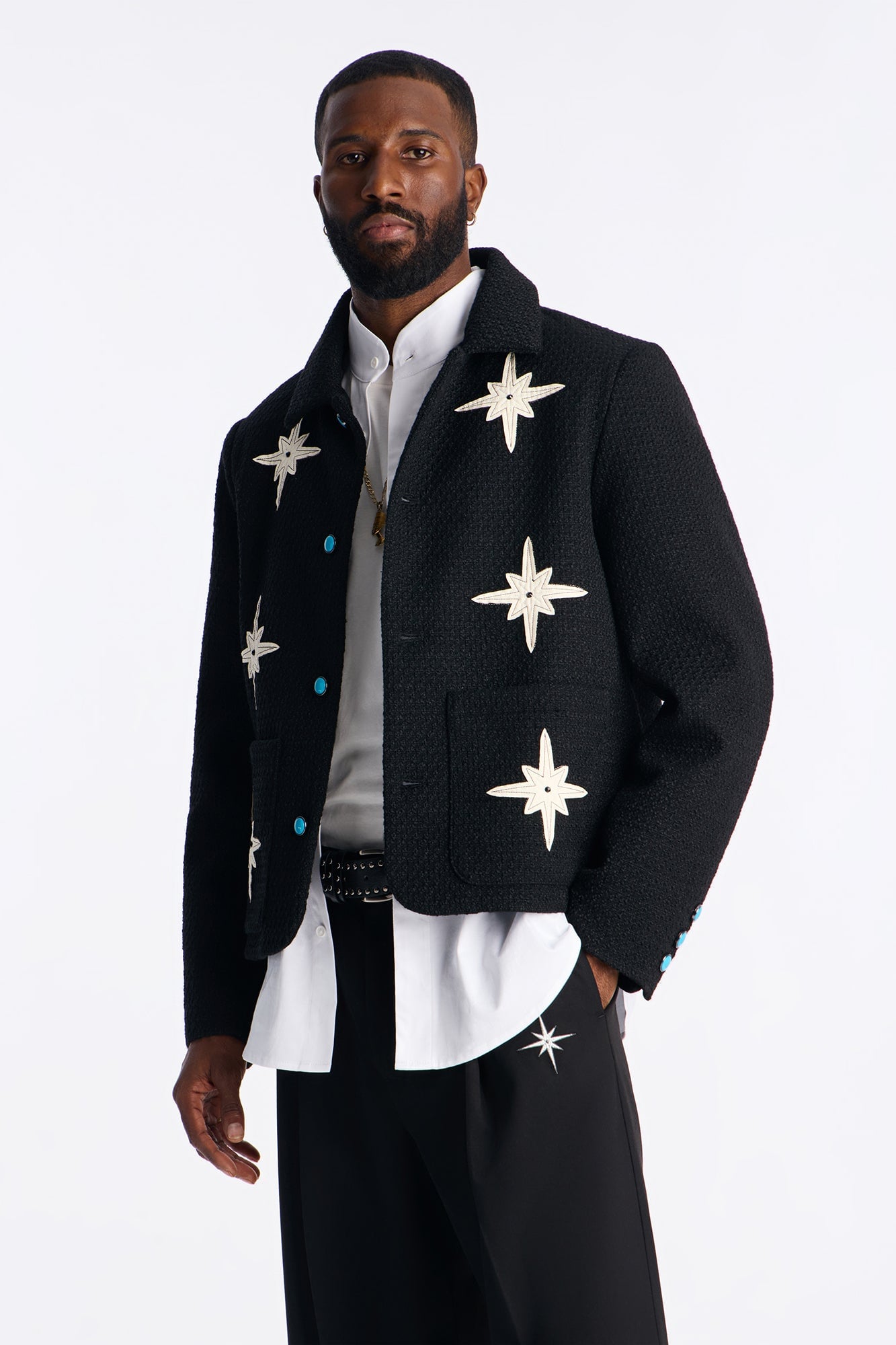 Cropped Tweed Bright Etoile Button Up Jacket - Black image 7